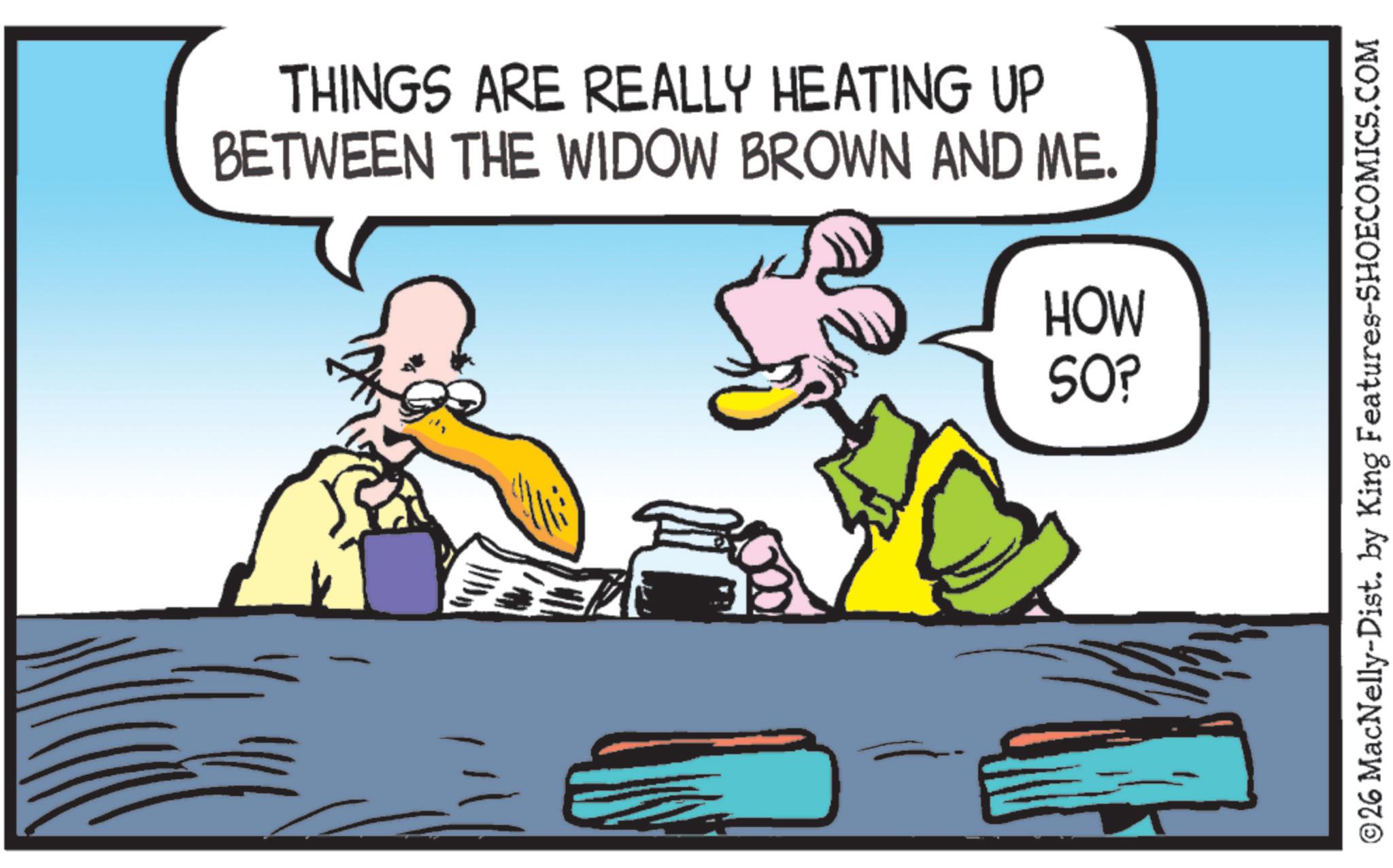 Fictional character OCR: THINGS ARE REALLY HEATING UP BETWEEN THE WIDOW BROWN AND ME. HOW SO? ©26 MacNelly-Dist. by King Features-SHOECOMICS.COM THINGS ARE REALLY HEATING UP BETWEEN THE WIDOW BROWN AND ME . HOW SO ? © 26 MacNelly - Dist . by King Features-SHOECOMICS.COM