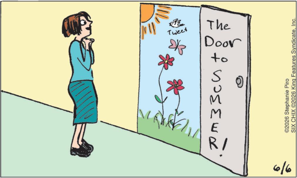 Clip art OCR: Tweet The Door to m330G R 6/6 ©2026 Stephanie Piro SIX CHIX O2026 King Features SyndicateInc. Tweet The Door to m330G R 6/6 © 2026 Stephanie Piro SIX CHIX O2026 King Features Syndicate