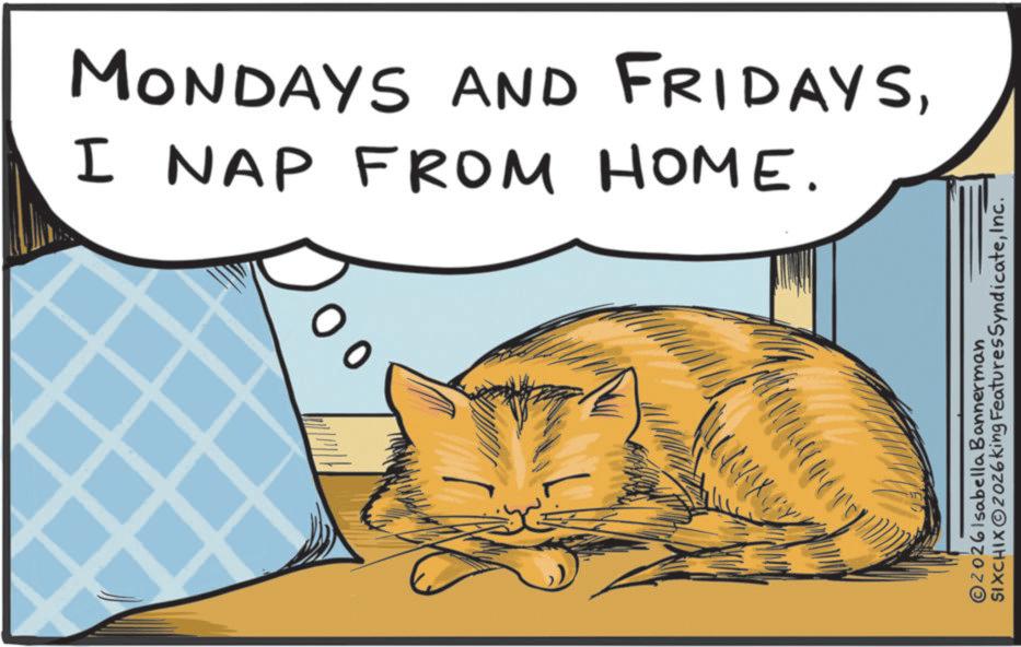 Paw OCR: 00 I NAP FROM HOME. MONDAYS AND FRIDAYS©2026Isabella Bannerman SIXCHIX©2026 king Features SyndicateInc. 00 I NAP FROM HOME . MONDAYS AND FRIDAYS© 2026Isabella Bannerman SIXCHIX © 2026 king Features Syndicate