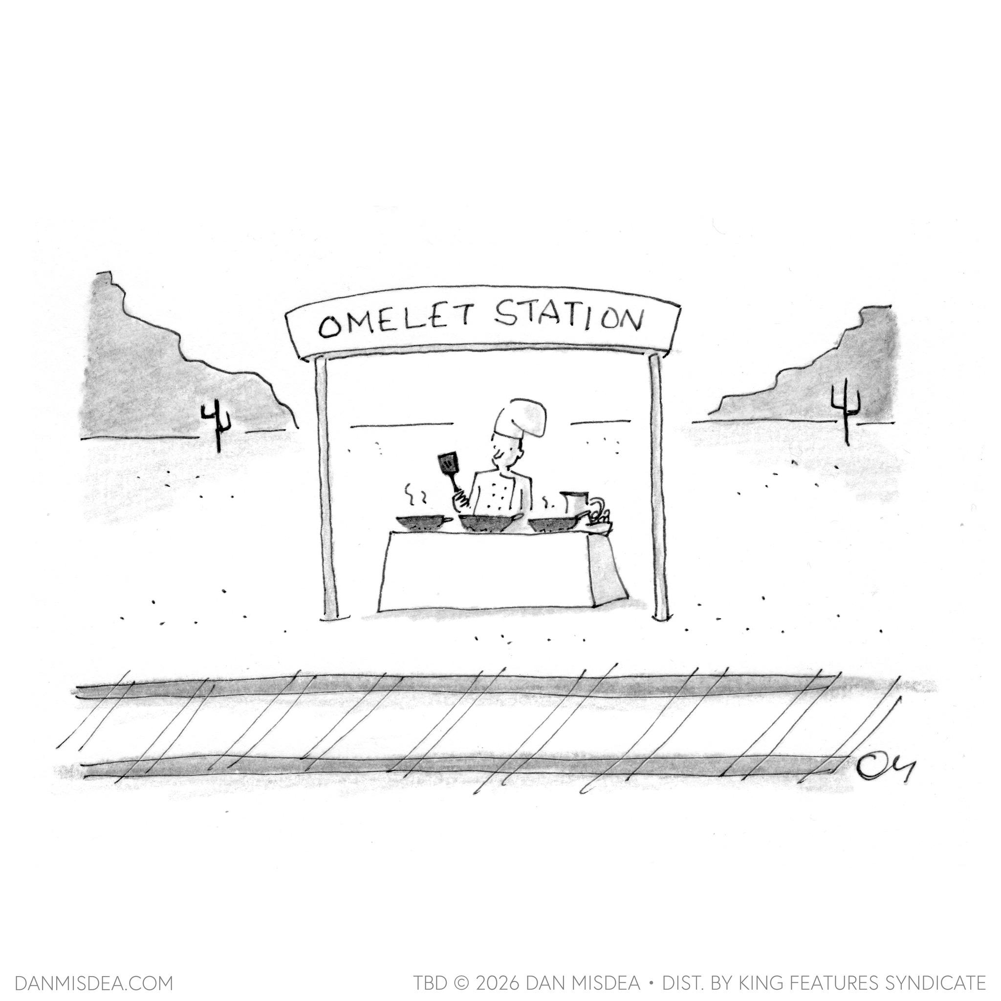 Line art OCR: 4. OMELET STATION 4 04 DANMISDEA.COM TBD 2026 DAN MISDEA • DIST. BY KING FEATURES SYNDICATE 4 . OMELET STATION 4 04 DANMISDEA.COM TBD 2026 DAN MISDEA • DIST . BY KING FEATURES SYNDICATE