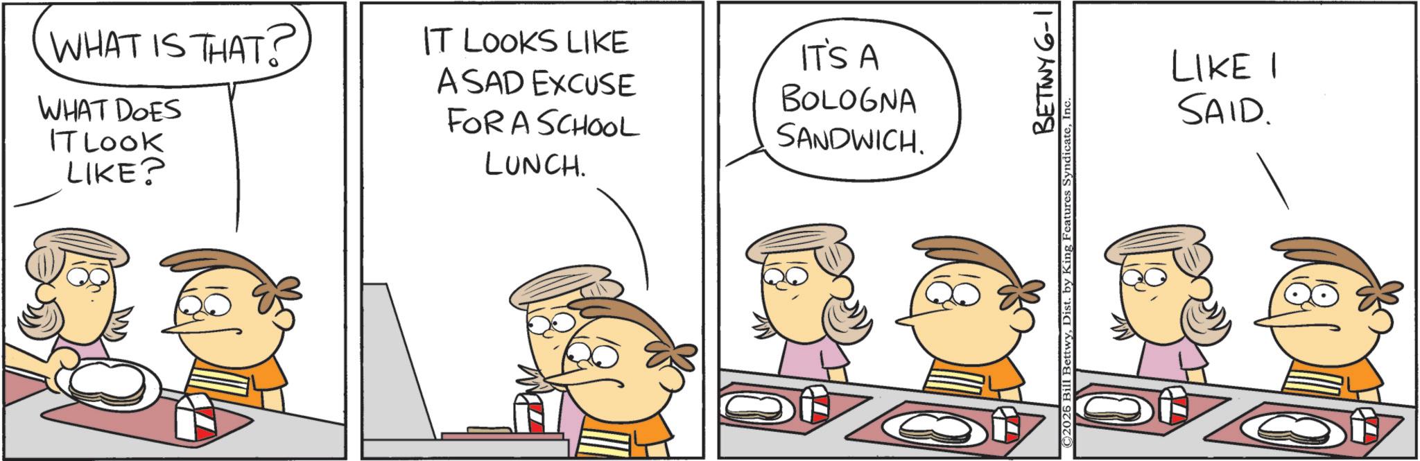 Pleased OCR: WHAT IS THAT? WHAT DOES IT LOOK LIKE? IT LOOKS LIKE ASAD EXCUSE FOR A SCHOOL LUNCH. IT'S A BOLOGNA SANDWICH. BETINY 6-1 LIKE I SAID. WHAT IS THAT ? WHAT DOES IT LOOK LIKE ? IT LOOKS LIKE ASAD EXCUSE FOR A SCHOOL LUNCH . IT'S A BOLOGNA SANDWICH . BETINY 6-1 LIKE I SAID .