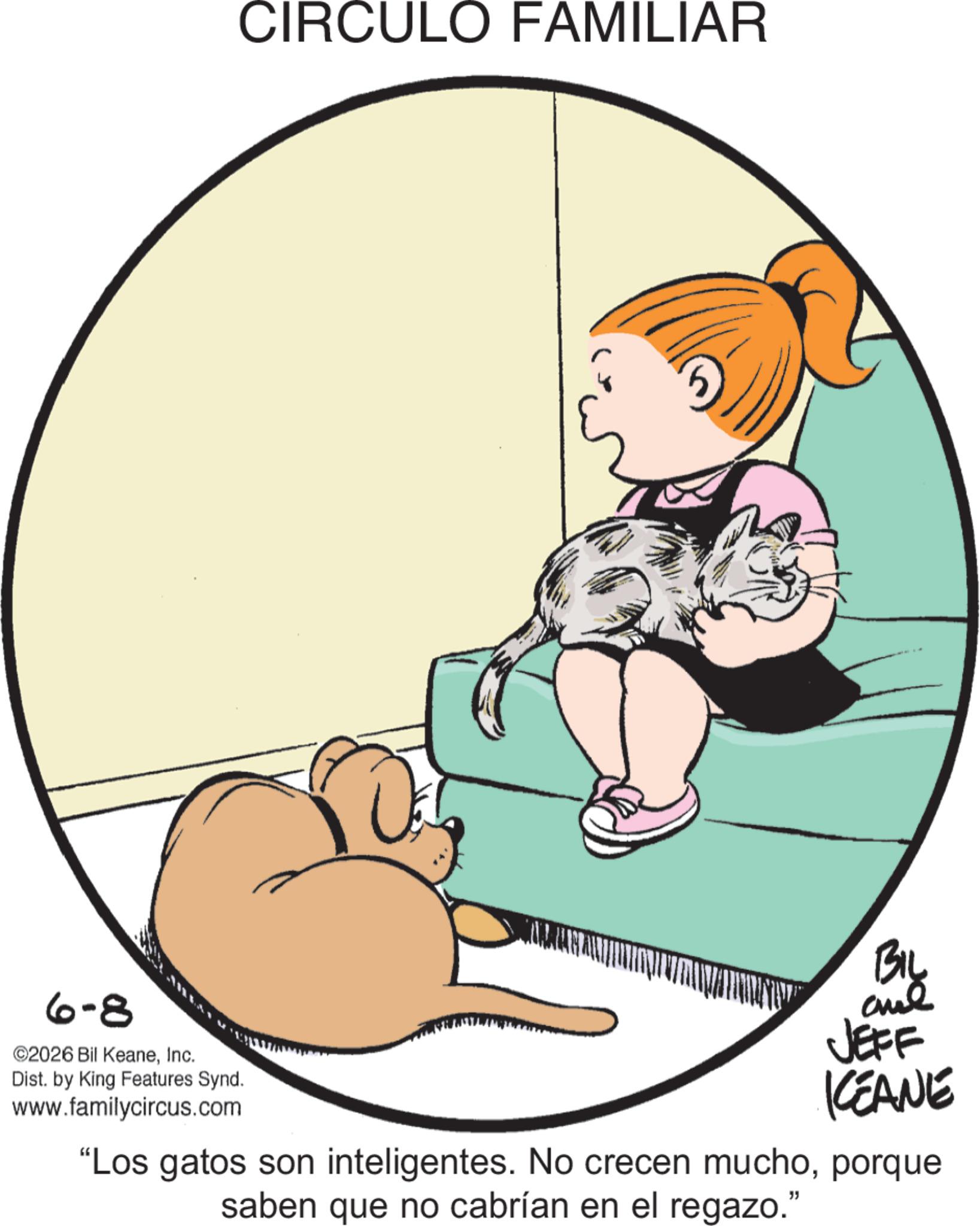 Line art OCR: CIRCULO FAMILIAR BIL 6-8 ©2026 Bil KeaneInc. Dist. by King Features Synd. www.familycircus.com JEFF KCEANE "Los gatos son inteligentes. No crecen muchoporque saben que no cabrían en el regazo." CIRCULO FAMILIAR BIL 6-8 © 2026 Bil KeaneInc. Dist . by King Features Synd . www.familycircus.com JEFF KCEANE " Los gatos son inteligentes . No crecen muchoporque saben que no cabrían en el regazo . "