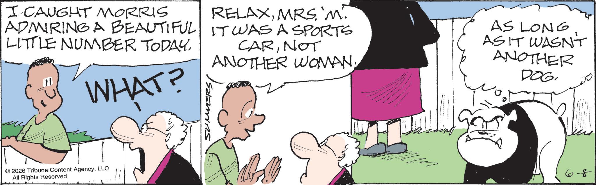 Animated cartoon OCR: I CAUGHT MORRIS RELAX`M. ADMIRING A BEAUTIFUL IT WAS A SPORTS LITTLE NUMBER TODAY. WHAT? SUMMERS CARNOT ANOTHER WOMAN. AS LONG AS IT WASN'T ANOTHER DOG 2026 Tribune Content AgencyLLC All Rights Reserved 68 I CAUGHT MORRIS RELAX` M. ADMIRING A BEAUTIFUL IT WAS A SPORTS LITTLE NUMBER TODAY . WHAT ? SUMMERS CARNOT ANOTHER WOMAN . AS LONG AS IT WASN'T ANOTHER DOG 2026 Tribune Content AgencyLLC All Rights Reserved 68
