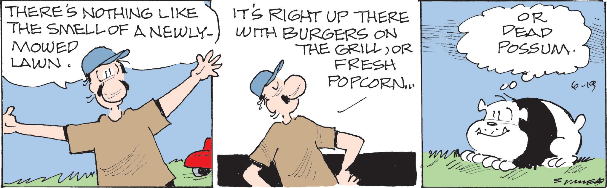 Graphics OCR: THERE'S NOTHING LIKE IT'S RIGHT UP THERE THE GRILLOR THE SMELL OF A NEWLY-) WITH BURGERS ON MOWED LAWN. ??? FRESH POPCORN ???? OR DEAD POSSUM. 00 6-19 THERE'S NOTHING LIKE IT'S RIGHT UP THERE THE GRILLOR THE SMELL OF A NEWLY- ) WITH BURGERS ON MOWED LAWN . ??? FRESH POPCORN ???? OR DEAD POSSUM . 00 6-19