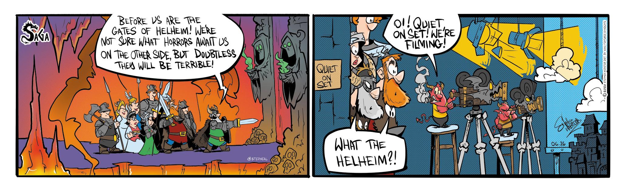 Fictional character OCR: SKA BEFORE US ARE THE GATES OF HELHEIM! WE'RE NOT SURE WHAT HORRORS AWAIT US ON THE OTHER SIDETHEY WILL BE TERRIBLE! QUIET ON SET @STEPNEAL WHAT THE HELHEIM?! 01! QUIET ON SET! WE'RE FILMING! 06.26 -2026 S SKA BEFORE US ARE THE GATES OF HELHEIM ! WE'RE NOT SURE WHAT HORRORS AWAIT US ON THE OTHER SIDEBUT DOUBTLESSTHEY WILL BE TERRIBLE ! QUIET ON SET @STEPNEAL WHAT THE HELHEIM ?! 01 ! QUIET ON SET ! WE'RE FILMING ! 06.26 -2026 S