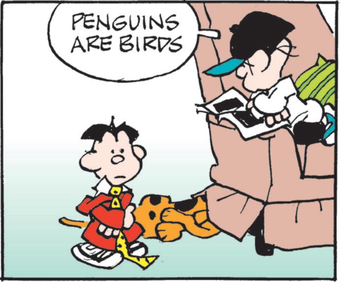 Photo caption OCR: PENGUINS ARE BIRDS :0 PENGUINS ARE BIRDS : 0