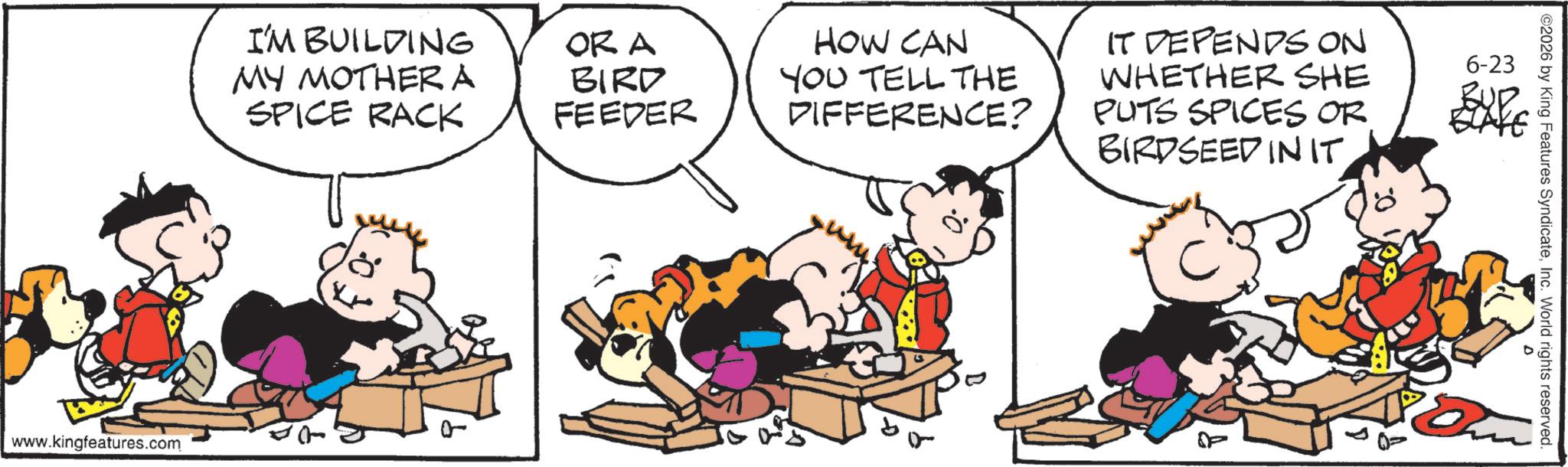 Animated cartoon OCR: I'M BUILDING MY MOTHER A SPICE RACK www.kingfeatures.com OR A BIRD FEEDER HOW CAN YOU TELL THE DIFFERENCE? IT DEPENDS ON WHETHER SHE PUTS SPICES OR BIRDSEED INIT 6-23 BUR ECAKE ©2026 by King Features SyndicateInc. World rights reserved. I'M BUILDING MY MOTHER A SPICE RACK www.kingfeatures.com OR A BIRD FEEDER HOW CAN YOU TELL THE DIFFERENCE ? IT DEPENDS ON WHETHER SHE PUTS SPICES OR BIRDSEED INIT 6-23 BUR ECAKE © 2026 by King Features SyndicateInc. World rights reserved .