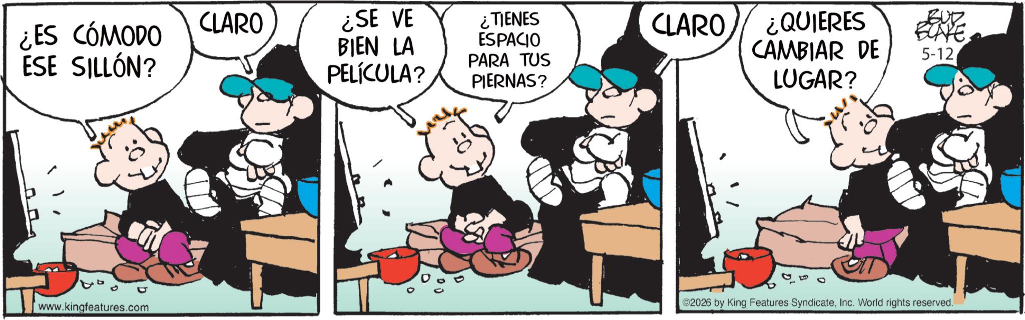 Comic book OCR: ¿ES CÓMODO ESE SILLÓN? CLARO www.kingfeatures.com ¿SE VE BIEN LA PELÍCULA? ¿TIENES ESPACIO PARA TUS PIERNAS? CLARO ¿QUIERES CAMBIAR DE LUGAR? EUR BLAKE5-12 2026 by King Features SyndicateInc. World rights reserved. ¿ ES CÓMODO ESE SILLÓN ? CLARO www.kingfeatures.com ¿ SE VE BIEN LA PELÍCULA ? ¿ TIENES ESPACIO PARA TUS PIERNAS ? CLARO ¿ QUIERES CAMBIAR DE LUGAR ? EUR BLAKE5-12 2026 by King Features SyndicateInc. World rights reserved .