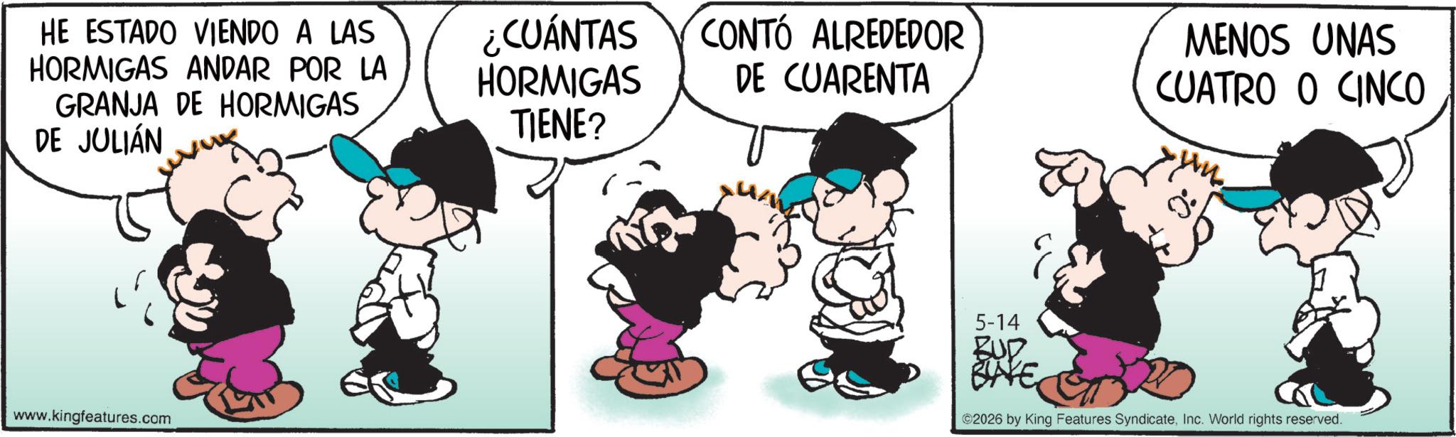 Conversation OCR: HE ESTADO VIENDO A LAS HORMIGAS ANDAR POR LA GRANJA DE HORMIGAS DE JULIÁN www.kingfeatures.com ¿CUÁNTAS HORMIGAS TIENE? CONTÓ ALREDEDOR DE CUARENTA MENOS UNAS CUATRO O CINCO 0: 5-14 RUD BLAKE ©2026 by King Features SyndicateInc. World rights reserved. HE ESTADO VIENDO A LAS HORMIGAS ANDAR POR LA GRANJA DE HORMIGAS DE JULIÁN www.kingfeatures.com ¿ CUÁNTAS HORMIGAS TIENE ? CONTÓ ALREDEDOR DE CUARENTA MENOS UNAS CUATRO O CINCO 0 : 5-14 RUD BLAKE © 2026 by King Features SyndicateInc. World rights reserved .