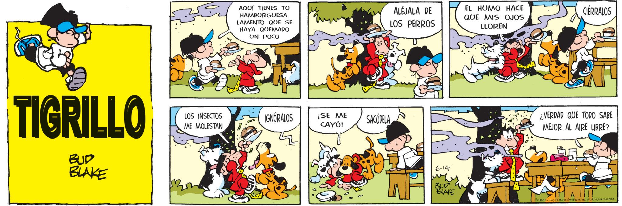 Gesture OCR: TIGRILLO BUD BLAKE LOS INSECTOS ME MOLESTAN AQUÍ TIENES TU HAMBURGUESA. LAMENTO QUE SE HAYA QUEMADO UN POCO ALEJALA DE LOS PERROS EL HUMO HACE QUE MIS OJOS LLOREN IGNORALOS ¡SE ME CAYÓ! SACUDELA 6-14 BUD CIERRALOS ¿VERDAD QUE TODO SABE MEJOR AL AIRE LIBRE? BLAKE 1998 by King Features SyndicateInc. World rights reserved. TIGRILLO BUD BLAKE LOS INSECTOS ME MOLESTAN AQUÍ TIENES TU HAMBURGUESA . LAMENTO QUE SE HAYA QUEMADO UN POCO ALEJALA DE LOS PERROS EL HUMO HACE QUE MIS OJOS LLOREN IGNORALOS ¡ SE ME CAYÓ ! SACUDELA 6-14 BUD CIERRALOS ¿ VERDAD QUE TODO SABE MEJOR AL AIRE LIBRE ? BLAKE 1998 by King Features SyndicateInc. World rights reserved .