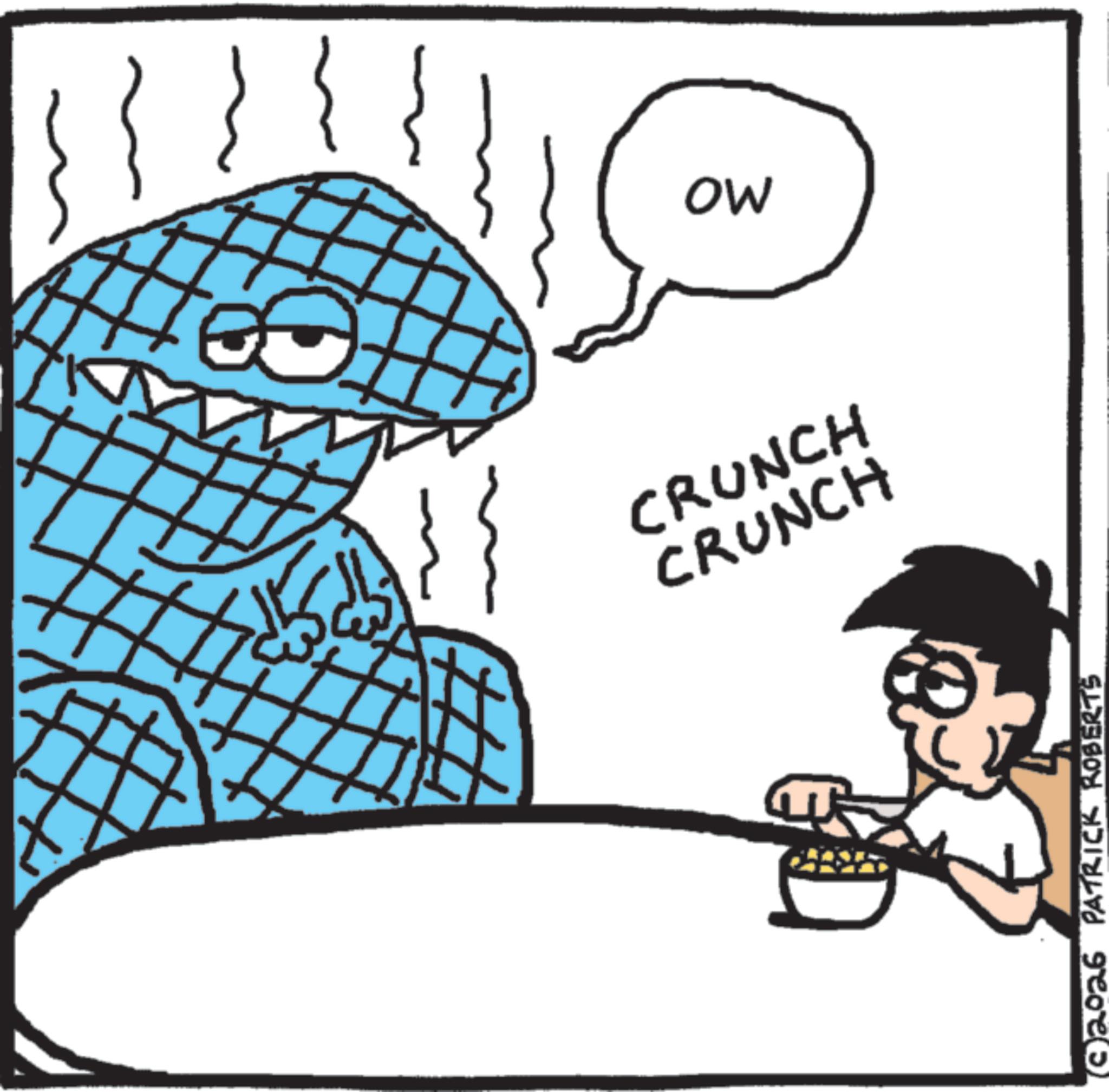 Cartoon OCR: ?? CRUNCH CRUNCH (2026 PATRICK ROBERTS OW ?? CRUNCH CRUNCH ( 2026 PATRICK ROBERTS OW