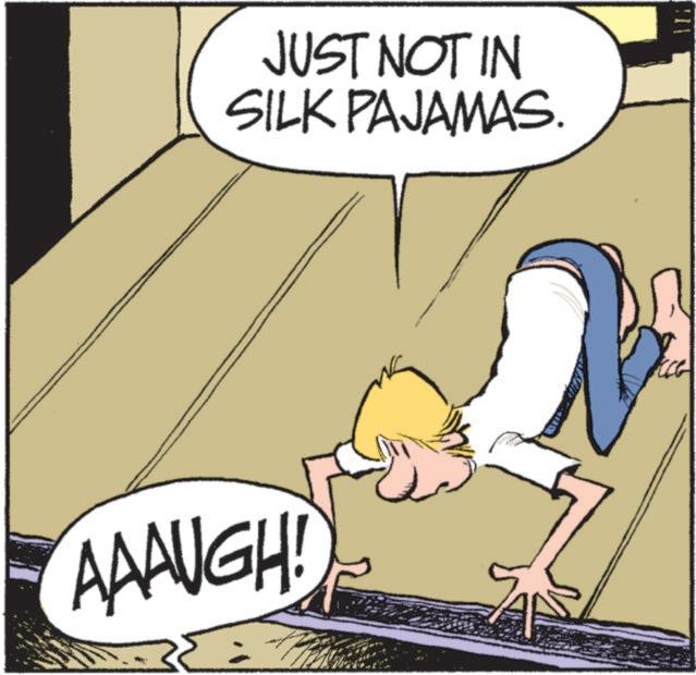Animated cartoon OCR: JUST NOT IN SILK PAJAMAS. AAAUGH! JUST NOT IN SILK PAJAMAS . AAAUGH !