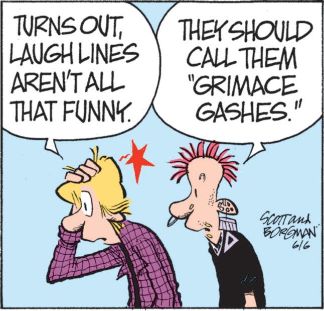 Animated cartoon OCR: TURNS OUTLAUGH LINES AREN'T ALL THAT FUNNY. THEY SHOULD CALL THEM "GRIMACE GASHES." Scottand BORGMAN 616 TURNS OUTLAUGH LINES AREN'T ALL THAT FUNNY . THEY SHOULD CALL THEM " GRIMACE GASHES . " Scottand BORGMAN 616