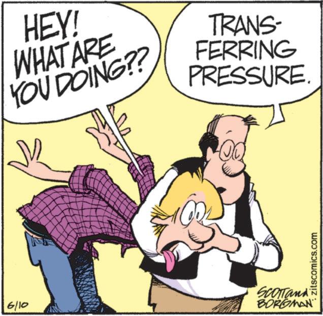 Photo caption OCR: 6/10 HEY! WHAT ARE YOU DOING?? TRANS- FERRING PRESSURE SCOTTand BORGMAN zitscomics.com 6/10 HEY ! WHAT ARE YOU DOING ?? TRANS- FERRING PRESSURE SCOTTand BORGMAN zitscomics.com