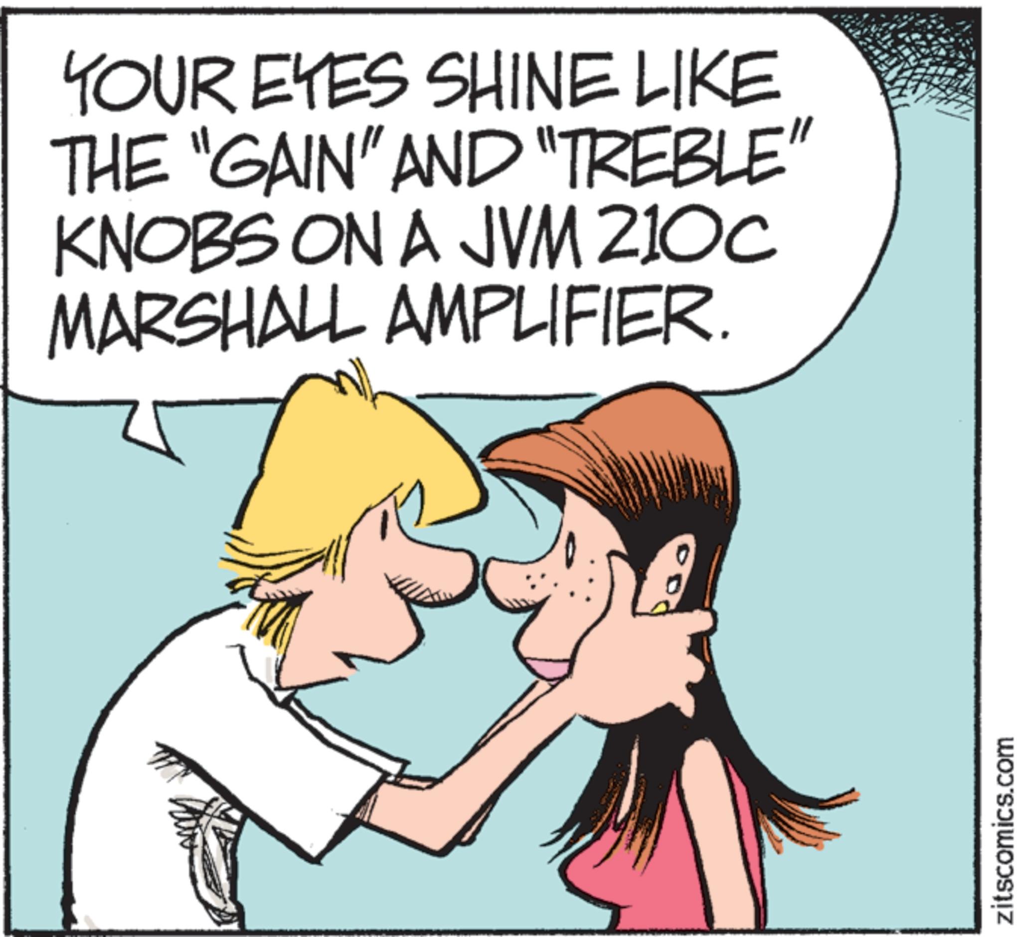 Animated cartoon OCR: YOUR EYES SHINE LIKE THE "GAIN" AND "TREBLE" KNOBS ON A JVM 210c MARSHALL AMPLIFIER. zitscomics.com YOUR EYES SHINE LIKE THE " GAIN " AND " TREBLE " KNOBS ON A JVM 210c MARSHALL AMPLIFIER . zitscomics.com