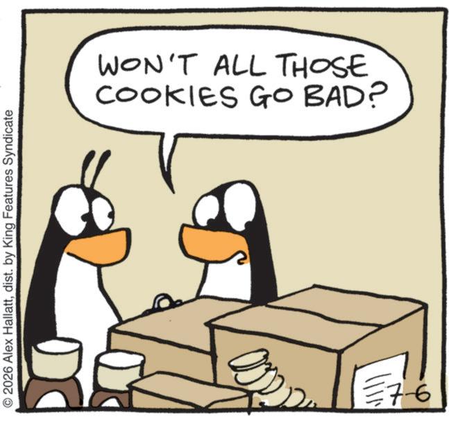 Animated cartoon OCR: © 2026 Alex Hallattdist. by King Features Syndicate COOKIES GO BAD? WON'T ALL THOSE 7-6 © 2026 Alex Hallattdist . by King Features Syndicate COOKIES GO BAD ? WON'T ALL THOSE 7-6