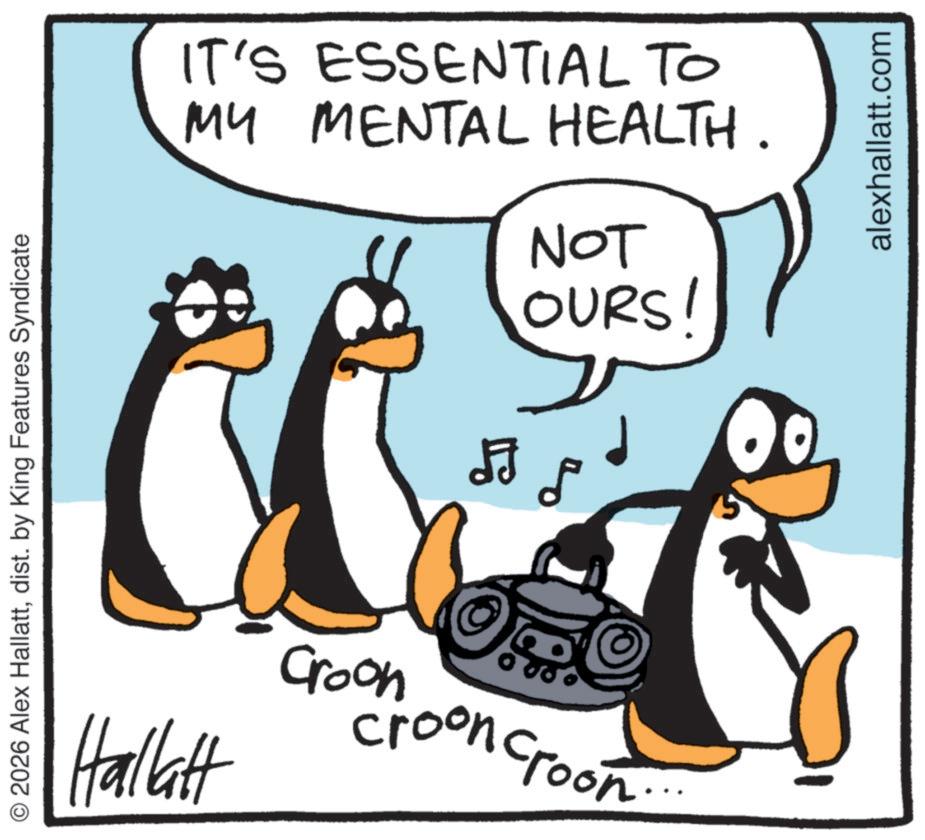 Fiction OCR: O2026 Alex Hallattdist. by King Features Syndicate IT'S ESSENTIAL TO MY MENTAL HEALTH. JJ NOT OURS! Croon Hallatt croon croon. alexhallatt.com O2026 Alex Hallattdist . by King Features Syndicate IT'S ESSENTIAL TO MY MENTAL HEALTH . JJ NOT OURS ! Croon Hallatt croon croon . alexhallatt.com