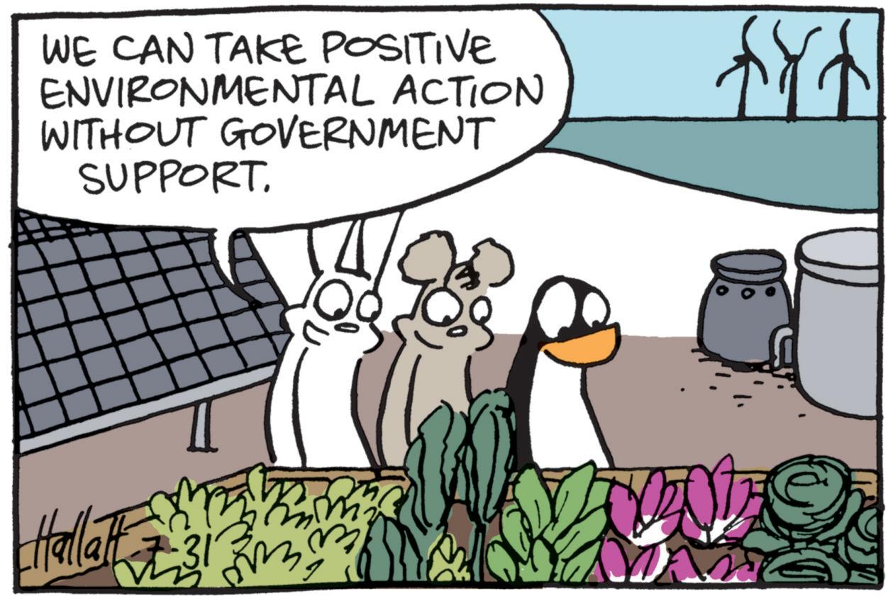 Animated cartoon OCR: WE CAN TAKE POSITIVE ENVIRONMENTAL ACTION WITHOUT GOVERNMENT SUPPORT. Hallat = 31 WE CAN TAKE POSITIVE ENVIRONMENTAL ACTION WITHOUT GOVERNMENT SUPPORT . Hallat = 31