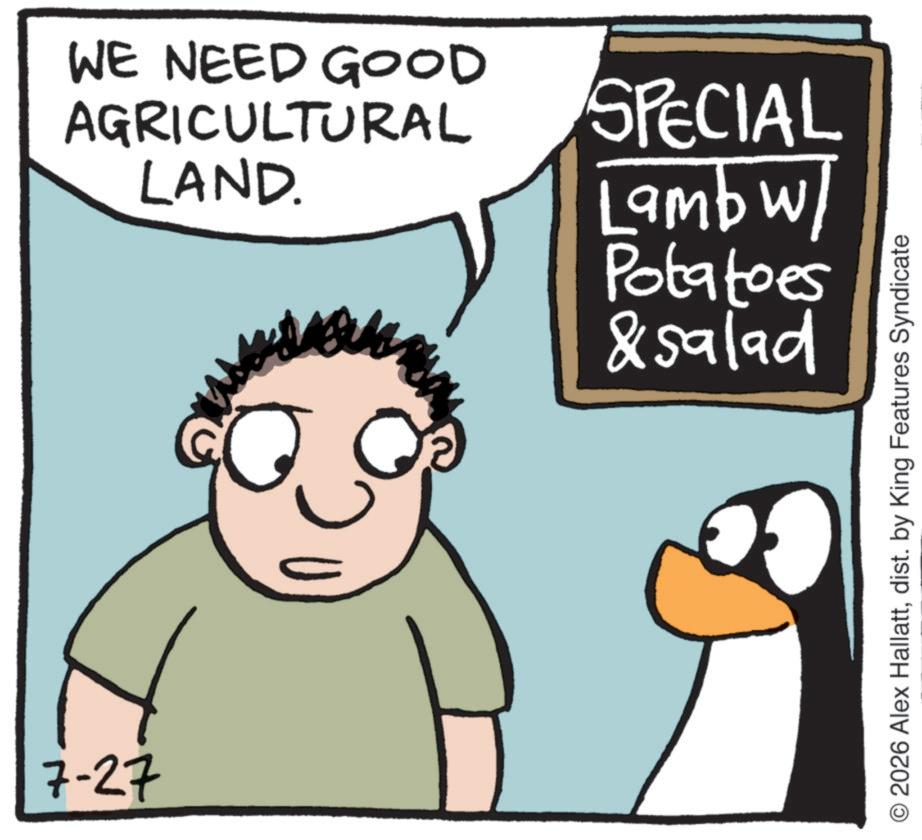 Animation OCR: 7-27 WE NEED GOOD AGRICULTURAL LAND. SPECIAL Lambw/ Potatoes &salad © 2026 Alex Hallattdist. by King Features Syndicate 7-27 WE NEED GOOD AGRICULTURAL LAND . SPECIAL Lambw / Potatoes & salad © 2026 Alex Hallattdist . by King Features Syndicate