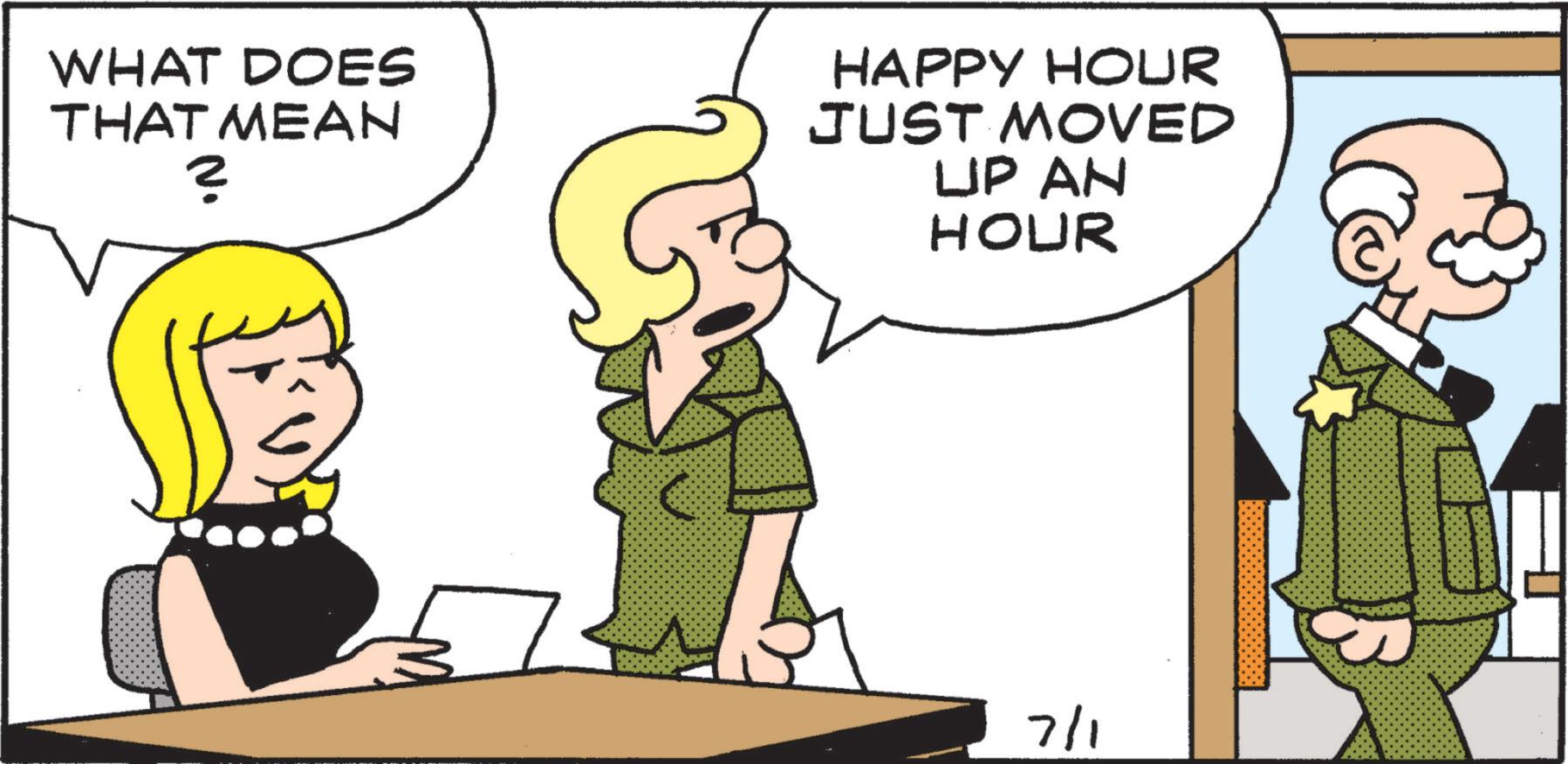 Animated cartoon OCR: WHAT DOES THAT MEAN ? HAPPY HOUR JUST MOVED UP AN HOUR 7/1 WHAT DOES THAT MEAN ? HAPPY HOUR JUST MOVED UP AN HOUR 7/1