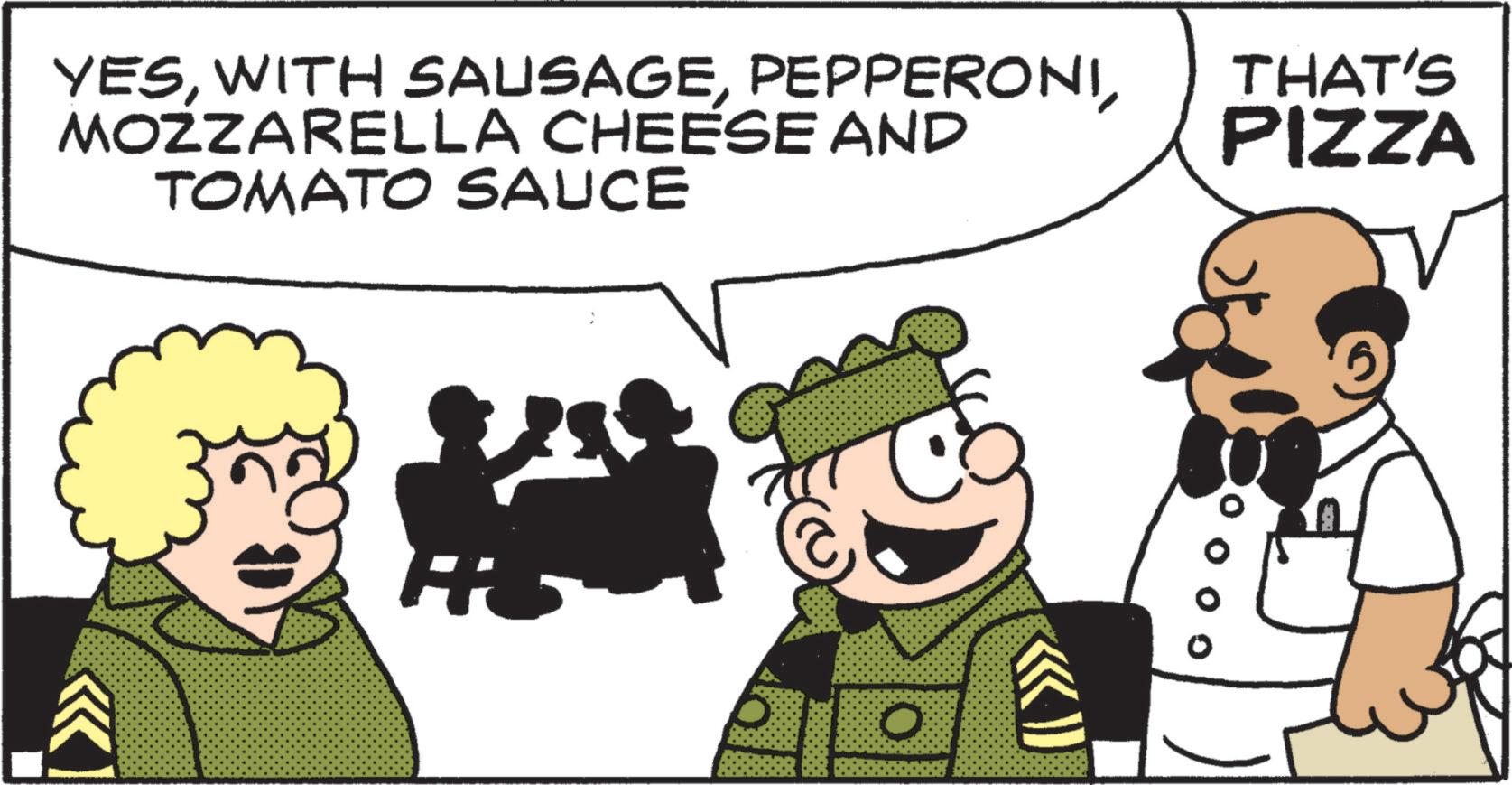 Pleased OCR: YESPEPPERONI MOZZARELLA CHEESE AND TOMATO SAUCE THAT'S PIZZA YESWITH SAUSAGEPEPPERONI MOZZARELLA CHEESE AND TOMATO SAUCE THAT'S PIZZA