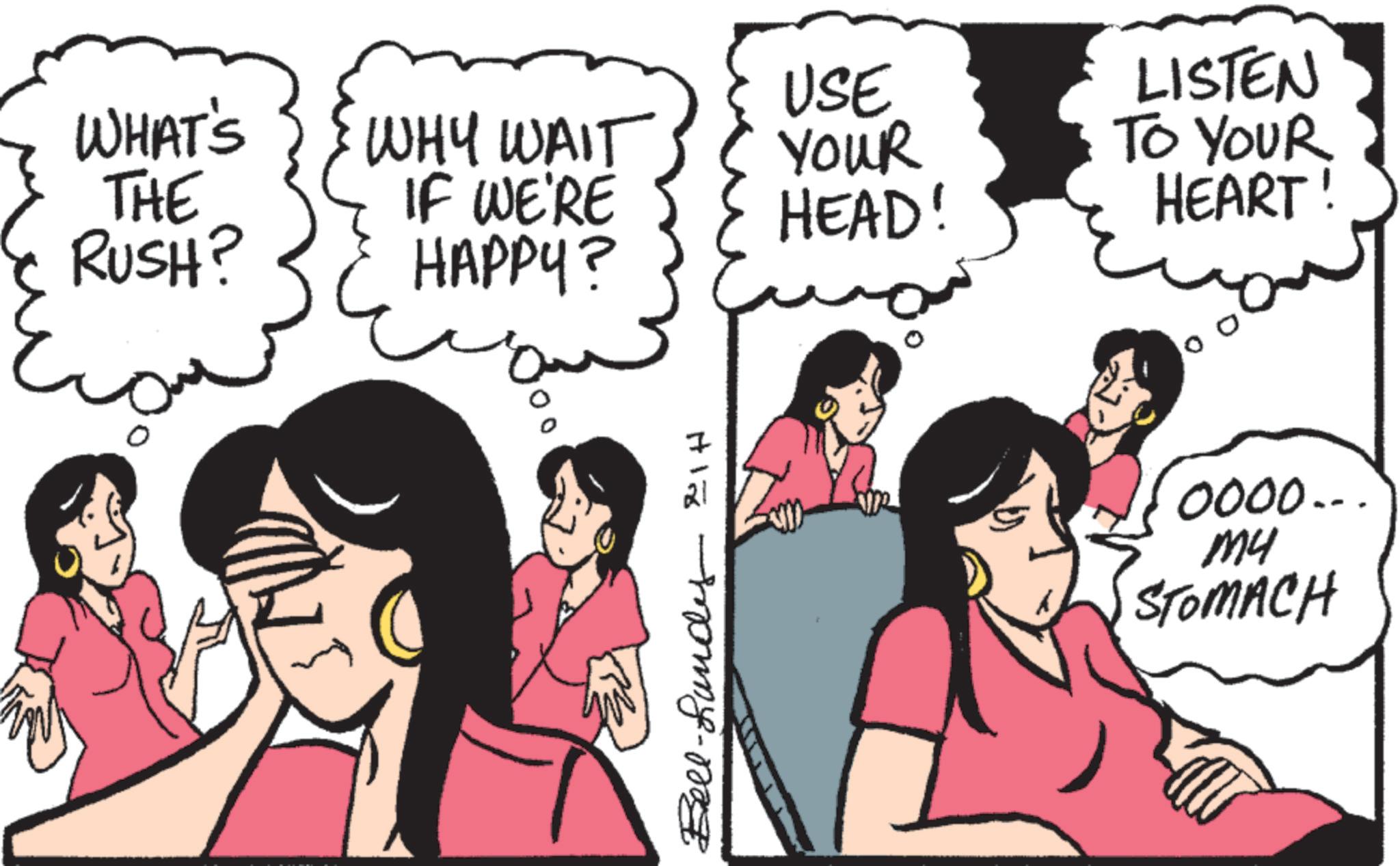 Animated cartoon OCR: WHAT'S THE RUSH? USE WHY WAIT IF WE'RE HAPPY? YOUR HEAD! 21 Hir monny-maz LISTEN TO YOUR HEART! 00 0000... Mu STOMACH WHAT'S THE RUSH ? USE WHY WAIT IF WE'RE HAPPY ? YOUR HEAD ! 21 Hir monny - maz LISTEN TO YOUR HEART ! 00 0000 ... Mu STOMACH