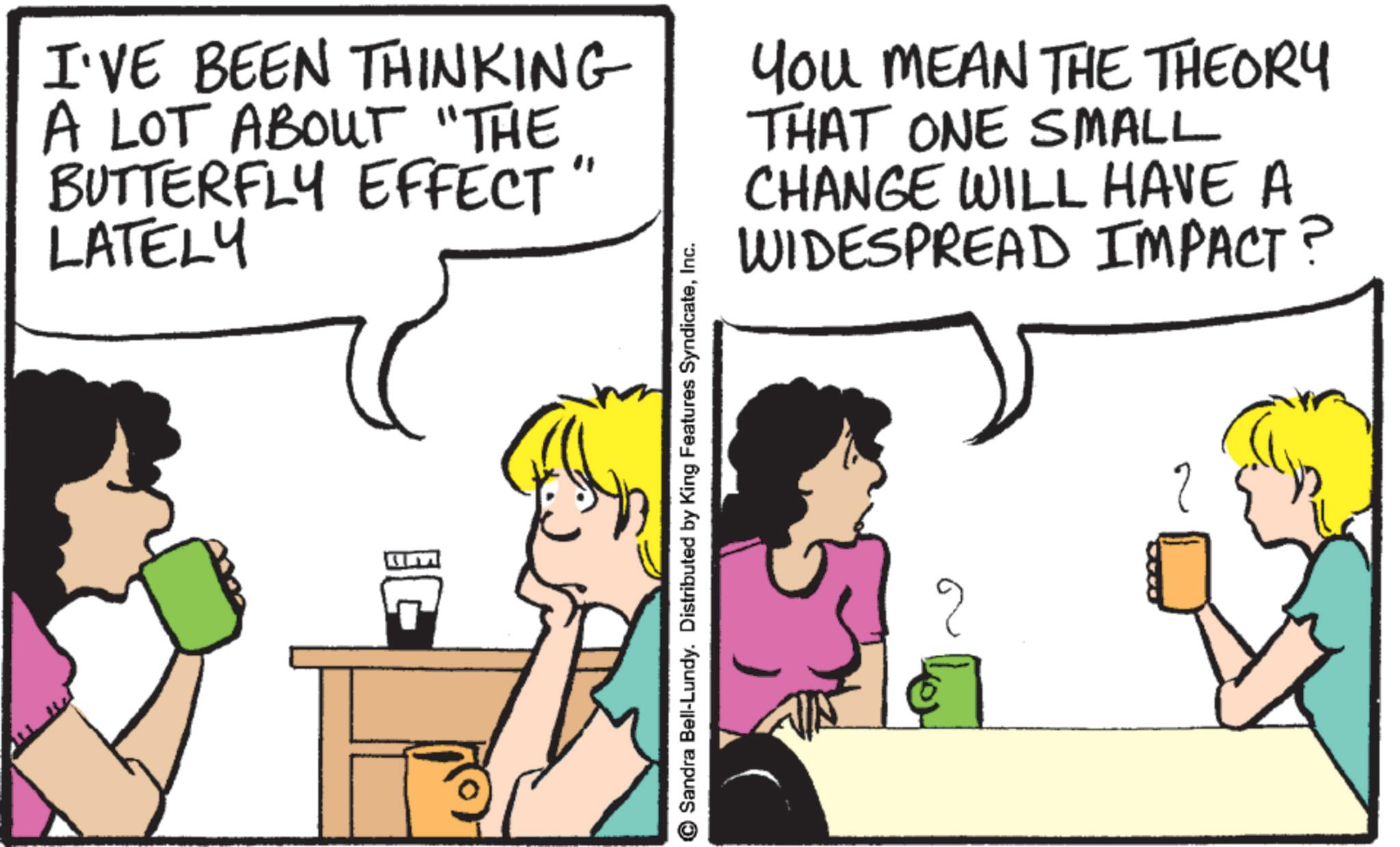 Animation OCR: I'VE BEEN THINKING A LOT ABOUT "THE BUTTERFLY EFFECT LATELY " Sandra Bell-Lundy. Distributed by King Features SyndicateInc. You MEAN THE THEORY THAT ONE SMALL CHANGE WILL HAVE A WIDESPREAD IMPACT? 2 I'VE BEEN THINKING A LOT ABOUT " THE BUTTERFLY EFFECT LATELY " Sandra Bell - Lundy . Distributed by King Features SyndicateInc. You MEAN THE THEORY THAT ONE SMALL CHANGE WILL HAVE A WIDESPREAD IMPACT ? 2