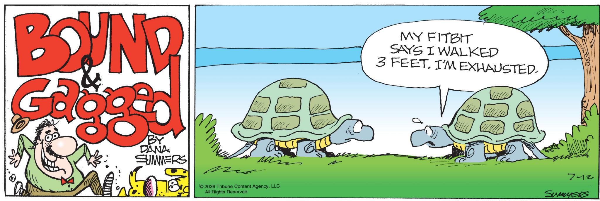Fictional character OCR: BOUND BY DANA SUMMERS © 2026 Tribune Content AgencyLLC All Rights Reserved MY FITBIT SAYS I WALKED 3 FEET. I'M EXHAUSTED7-12 SUMMERS BOUND BY DANA SUMMERS © 2026 Tribune Content AgencyLLC All Rights Reserved MY FITBIT SAYS I WALKED 3 FEET . I'M EXHAUSTED7-12 SUMMERS