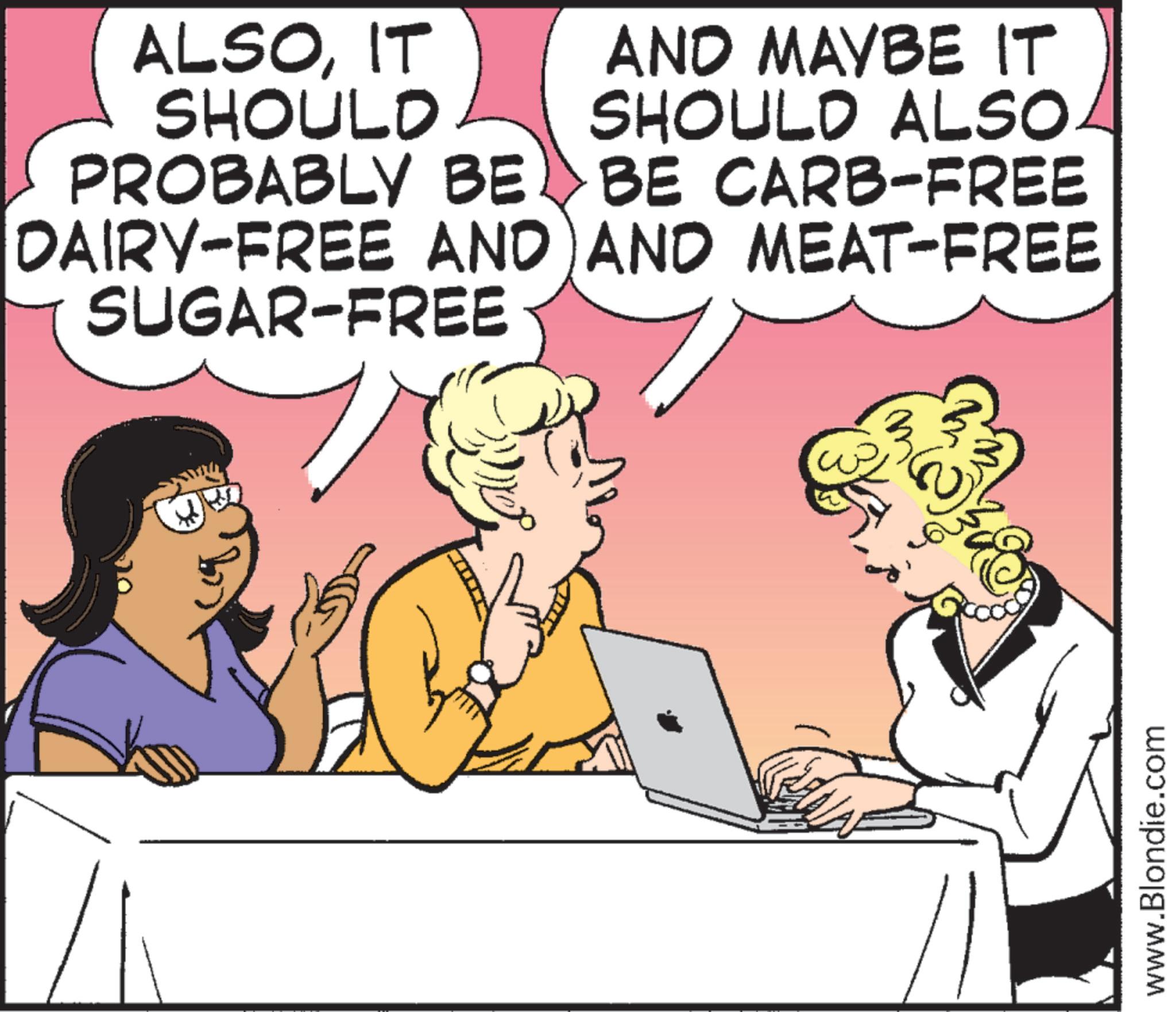 Pleased OCR: ALSOIT SHOULD AND MAYBE IT SHOULD ALSO PROBABLY BE BE CARB-FREE DAIRY-FREE AND AND MEAT-FREE SUGAR-FREE www.Blondie.com ALSOIT SHOULD AND MAYBE IT SHOULD ALSO PROBABLY BE BE CARB - FREE DAIRY - FREE AND AND MEAT - FREE SUGAR - FREE www.Blondie.com