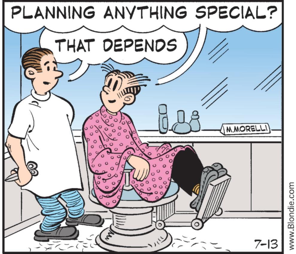 OCR: PLANNING ANYTHING SPECIAL? THAT DEPENDS M.MORELLI 7-13 www.Blondie.com PLANNING ANYTHING SPECIAL ? THAT DEPENDS M.MORELLI 7-13 www.Blondie.com