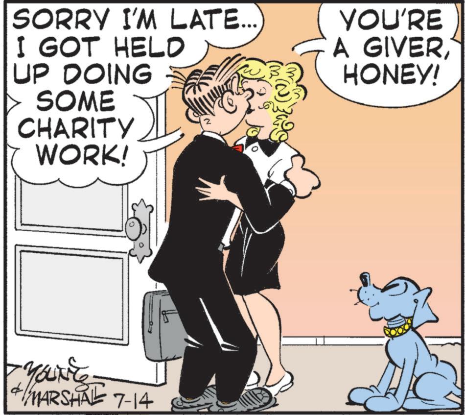 Animated cartoon OCR: SORRY I'M LATE... I GOT HELD UP DOING SOME CHARITY WORK! $ YOU'RE A GIVERHONEY! - YOUNE + //MARSHALL 7-14 SORRY I'M LATE ... I GOT HELD UP DOING SOME CHARITY WORK ! $ YOU'RE A GIVERHONEY ! - YOUNE + // MARSHALL 7-14