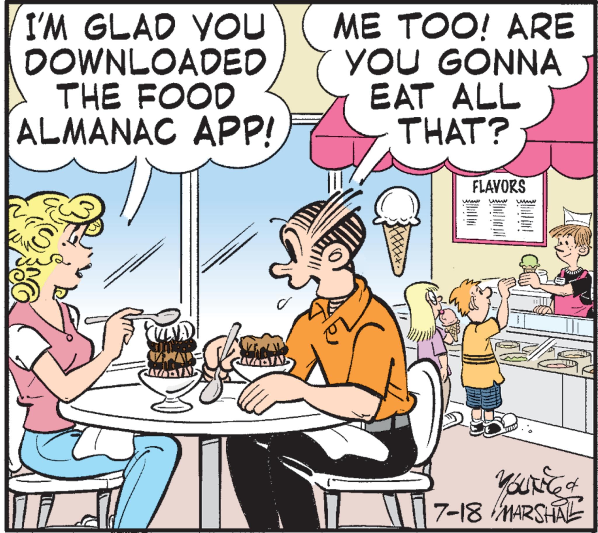 Pleased OCR: I'M GLAD YOU DOWNLOADED THE FOOD ALMANAC APP! ME TOO! ARE YOU GONNA EAT ALL THAT? ??????? FLAVORS www (S CAZING YOUNG & 7-18 MARSHAL I'M GLAD YOU DOWNLOADED THE FOOD ALMANAC APP ! ME TOO ! ARE YOU GONNA EAT ALL THAT ? ??????? FLAVORS www ( S CAZING YOUNG & 7-18 MARSHAL