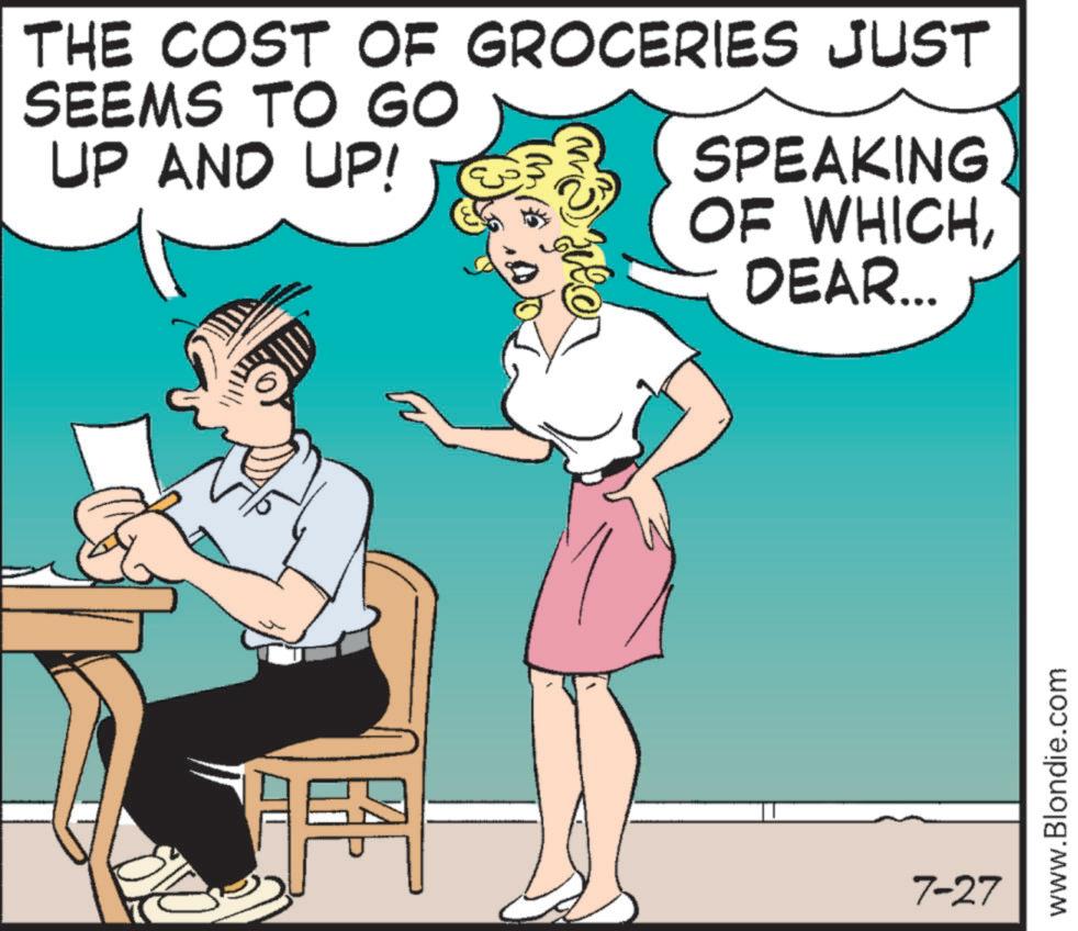Animation OCR: THE COST OF GROCERIES JUST SEEMS TO GO UP AND UP! Lon SPEAKING OF WHICHDEAR... 7-27 www.Blondie.com THE COST OF GROCERIES JUST SEEMS TO GO UP AND UP ! Lon SPEAKING OF WHICHDEAR ... 7-27 www.Blondie.com