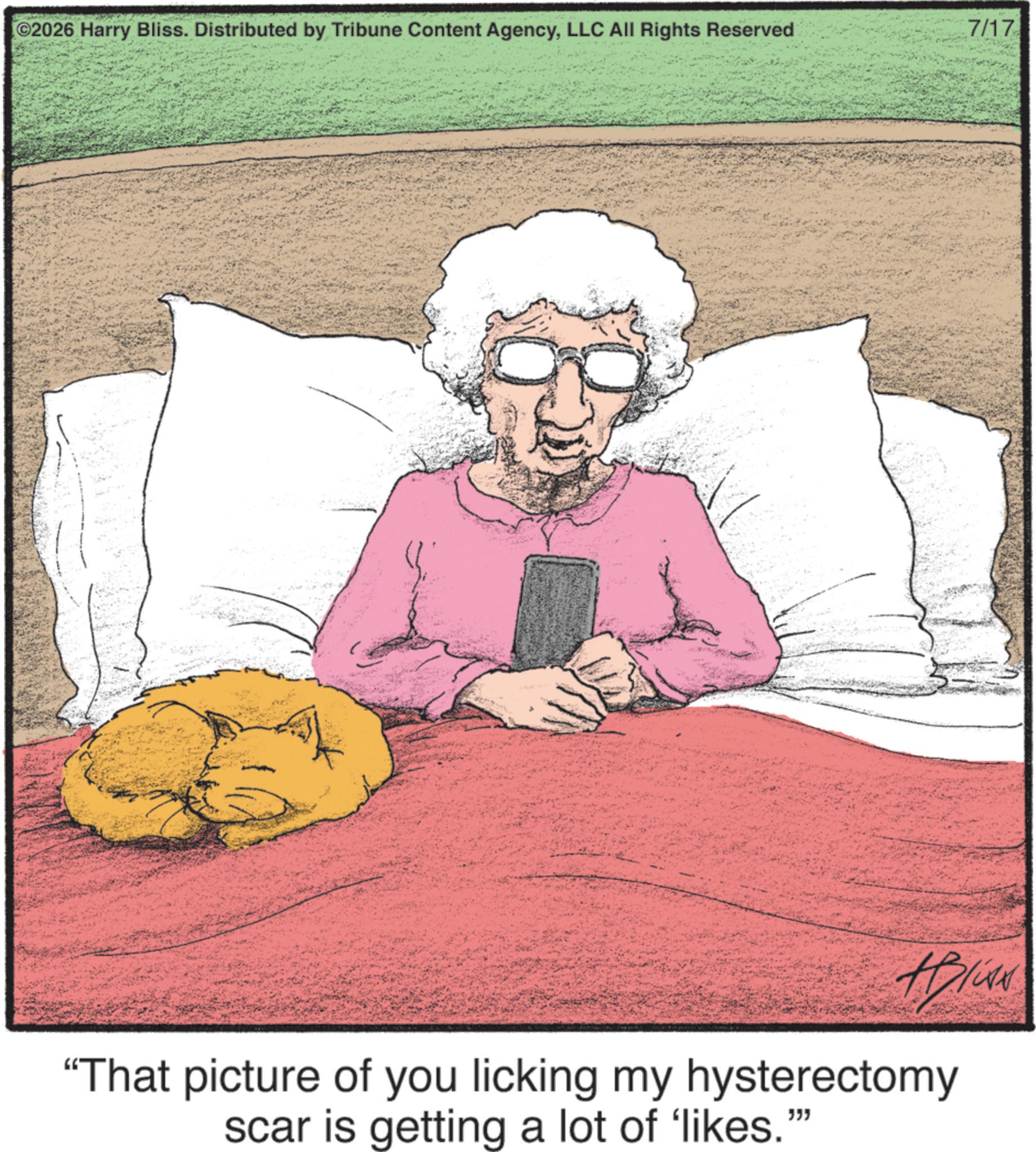 Animated cartoon OCR: 2026 Harry Bliss. Distributed by Tribune Content AgencyLLC All Rights Reserved 7/17 "That picture of you licking my hysterectomy scar is getting a lot of 'likes." 2026 Harry Bliss . Distributed by Tribune Content AgencyLLC All Rights Reserved 7/17 " That picture of you licking my hysterectomy scar is getting a lot of ' likes . "