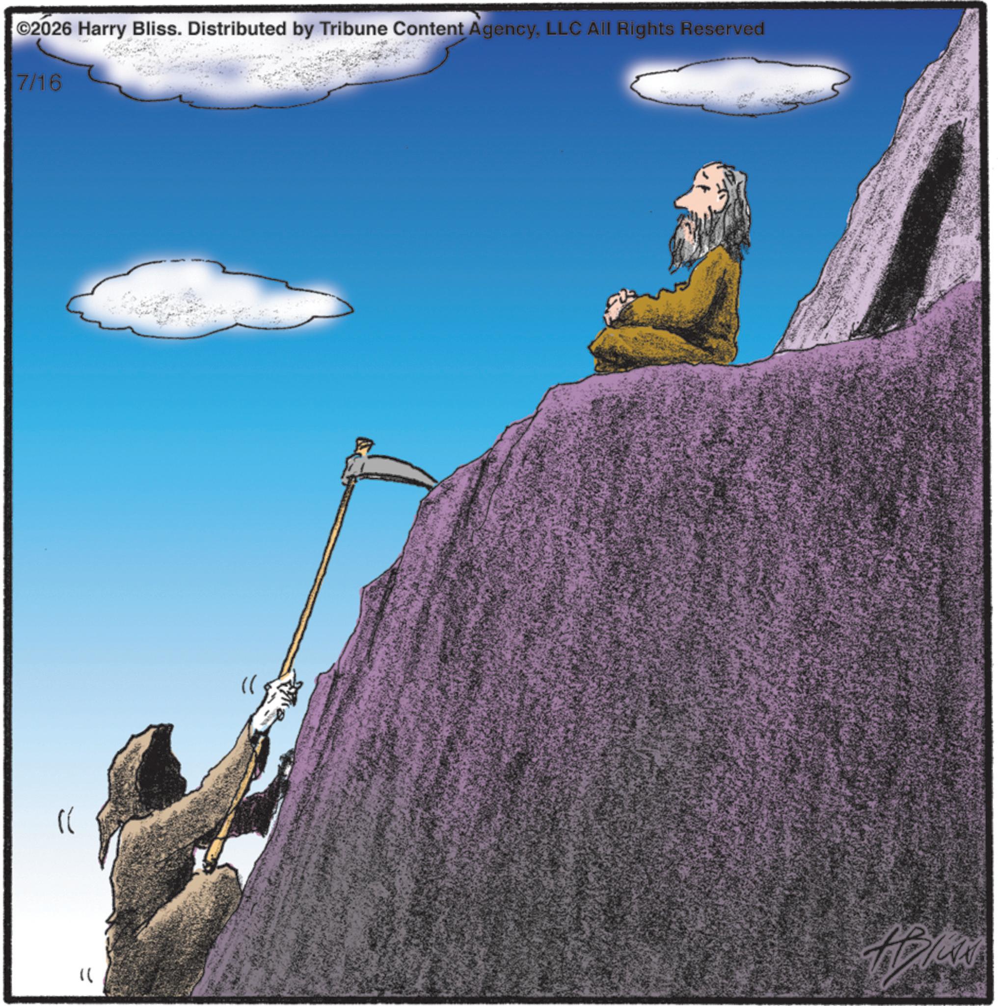 Cliff OCR: ©2026 Harry Bliss. Distributed by Tribune Content AgencyLLC All Rights Reserved 7/16 (( (( © 2026 Harry Bliss . Distributed by Tribune Content AgencyLLC All Rights Reserved 7/16 ( ( ( (