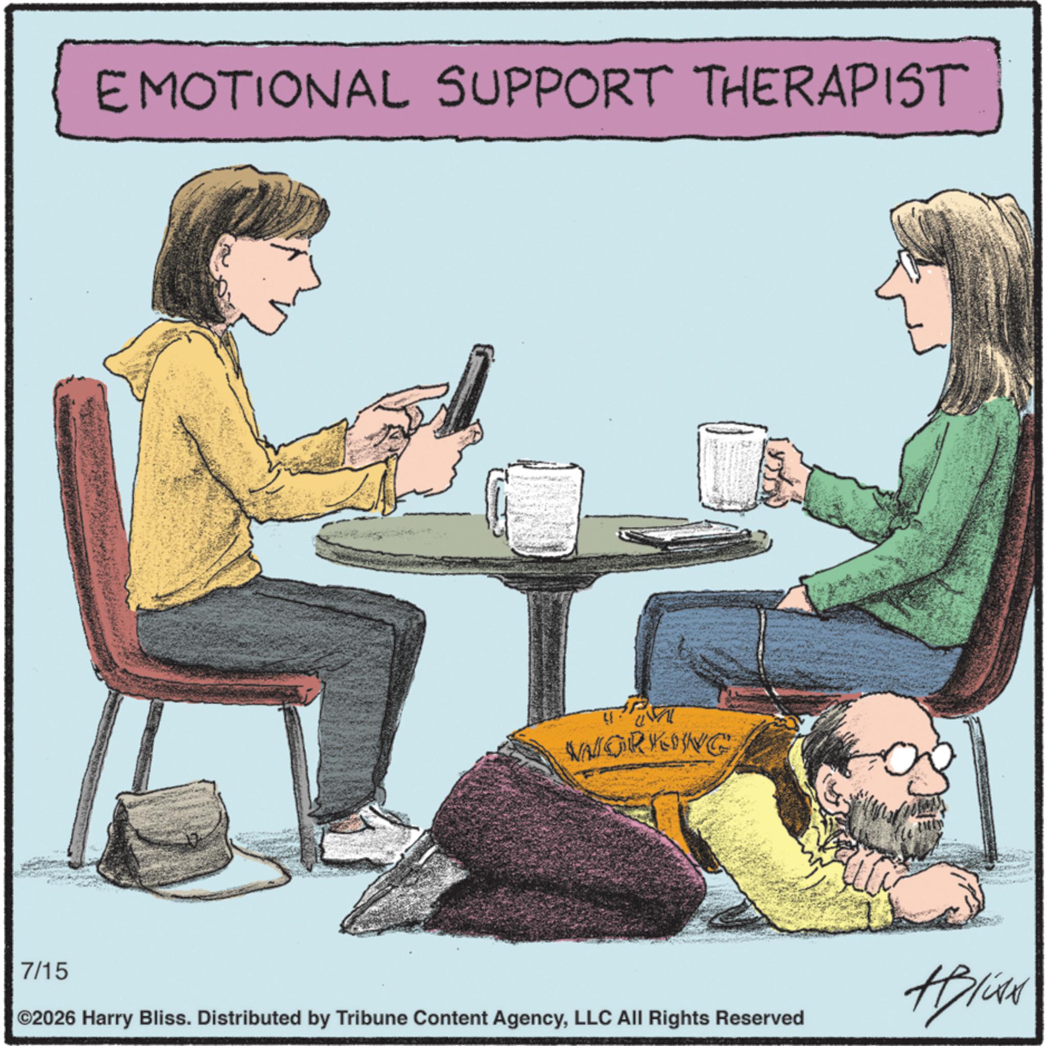 Armrest OCR: 7/15 EMOTIONAL SUPPORT THERAPIST WORKING ©2026 Harry Bliss. Distributed by Tribune Content AgencyLLC All Rights Reserved ABlite 7/15 EMOTIONAL SUPPORT THERAPIST WORKING © 2026 Harry Bliss . Distributed by Tribune Content AgencyLLC All Rights Reserved ABlite