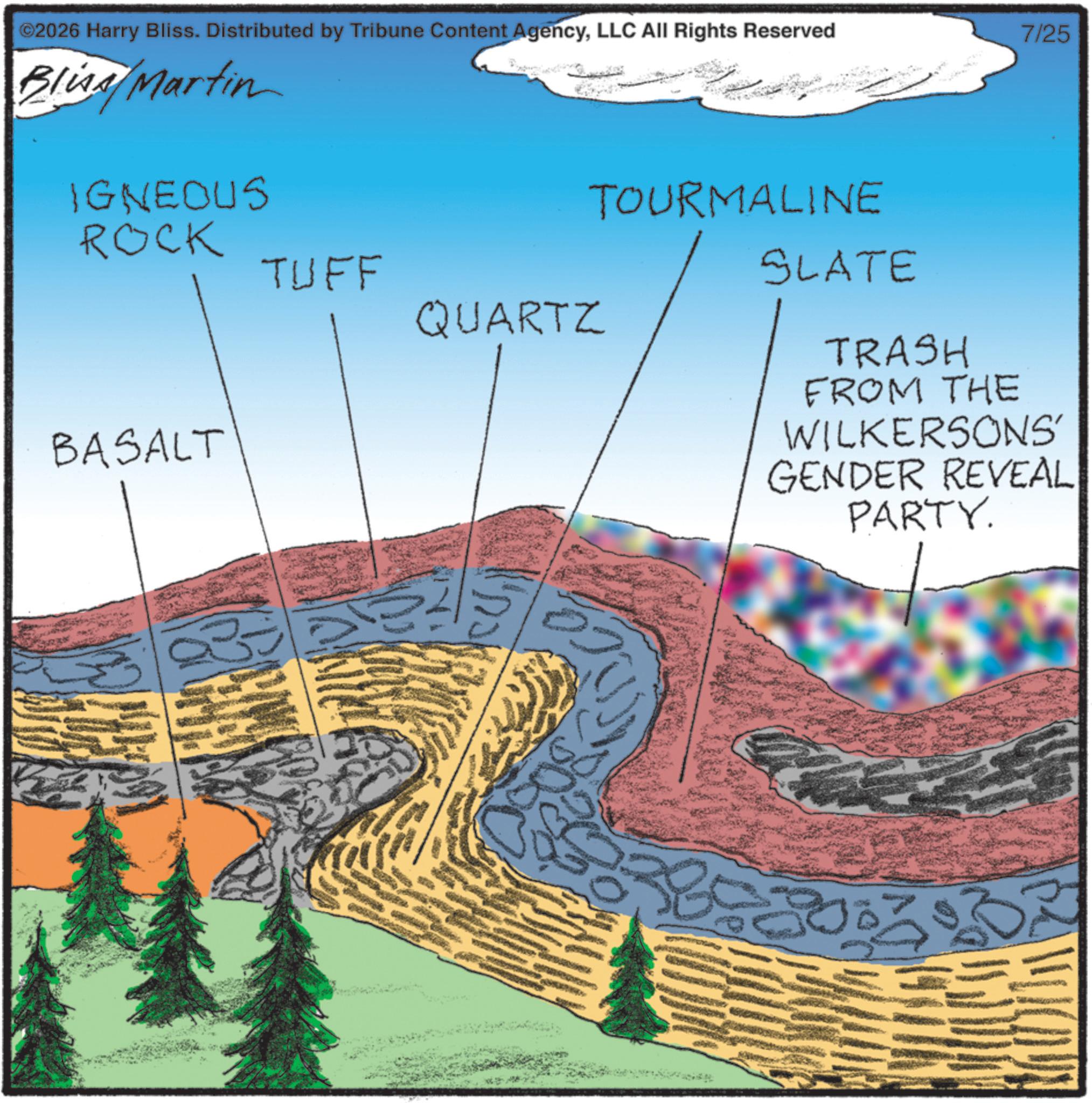 Intrusive rock OCR: ©2026 Harry Bliss. Distributed by Tribune Content AgencyLLC All Rights Reserved Bliss/Martin IGNEOUS ROCK TUFF QUARTZ BASALT 7/25 TOURMALINE SLATE TRASH FROM THE WILKERSONS' GENDER REVEAL PARTY. 80300 © 2026 Harry Bliss . Distributed by Tribune Content AgencyLLC All Rights Reserved Bliss / Martin IGNEOUS ROCK TUFF QUARTZ BASALT 7/25 TOURMALINE SLATE TRASH FROM THE WILKERSONS ' GENDER REVEAL PARTY . 80300