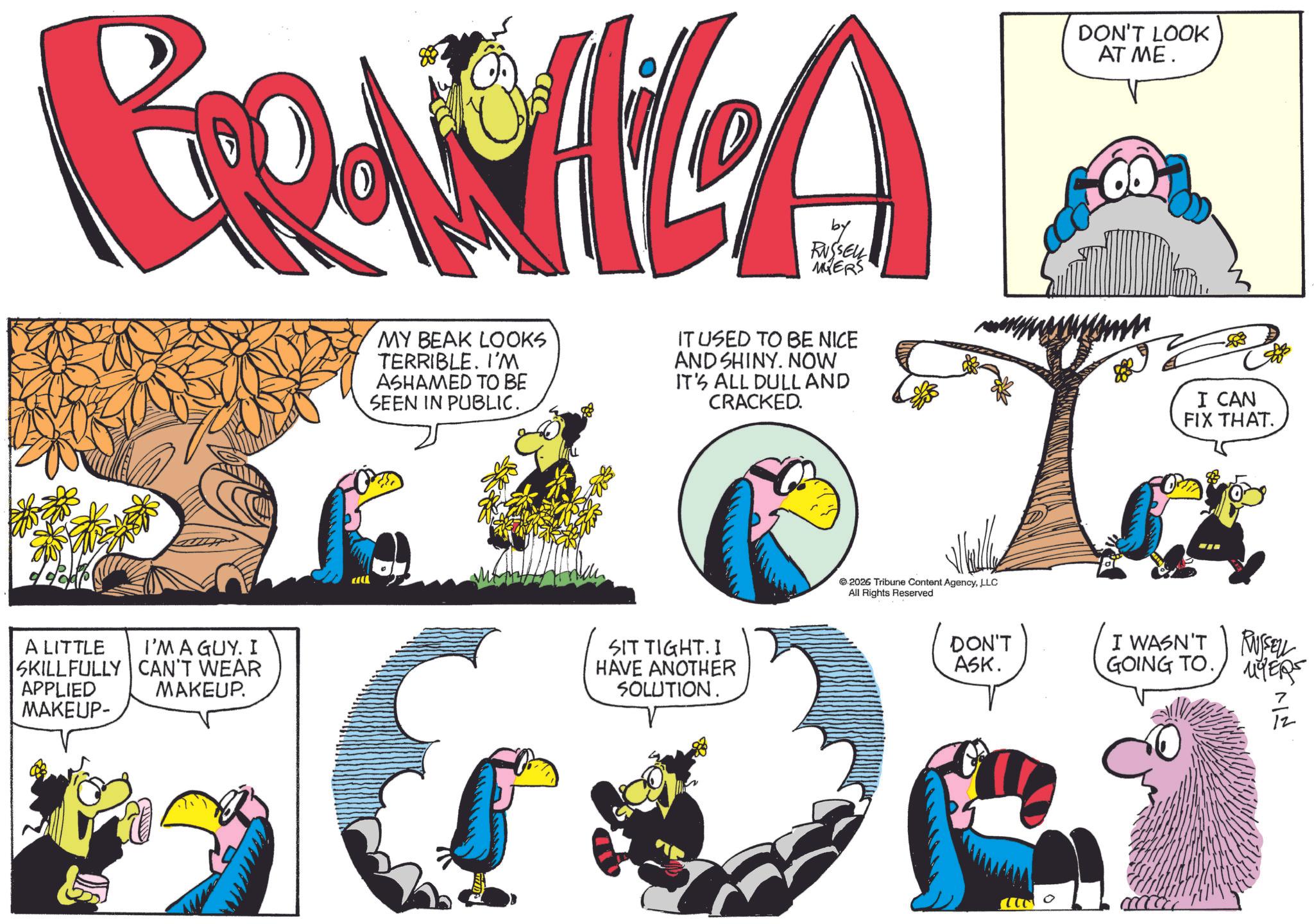 Comic book OCR: PRAVILA by MERS A LITTLE I'M A GUY. I SKILLFULLY CAN'T WEAR APPLIED MAKEUP- MAKEUP. MY BEAK LOOKS TERRIBLE. I'M ASHAMED TO BE SEEN IN PUBLIC. IT USED TO BE NICE AND SHINY. NOW IT'S ALL DULLAND CRACKED. SIT TIGHT. I HAVE ANOTHER SOLUTION. 2026 Tribune Content AgencyLLC All Rights Reserved DON'T ASK. DON'T LOOK AT ME. I CAN FIX THAT. I WASN'T GOING TO RUSSELL MYERS PRAVILA by MERS A LITTLE I'M A GUY . I SKILLFULLY CAN'T WEAR APPLIED MAKEUP- MAKEUP . MY BEAK LOOKS TERRIBLE . I'M ASHAMED TO BE SEEN IN PUBLIC . IT USED TO BE NICE AND SHINY . NOW IT'S ALL DULLAND CRACKED . SIT TIGHT . I HAVE ANOTHER SOLUTION . 2026 Tribune Content AgencyLLC All Rights Reserved DON'T ASK . DON'T LOOK AT ME . I CAN FIX THAT . I WASN'T GOING TO RUSSELL MYERS