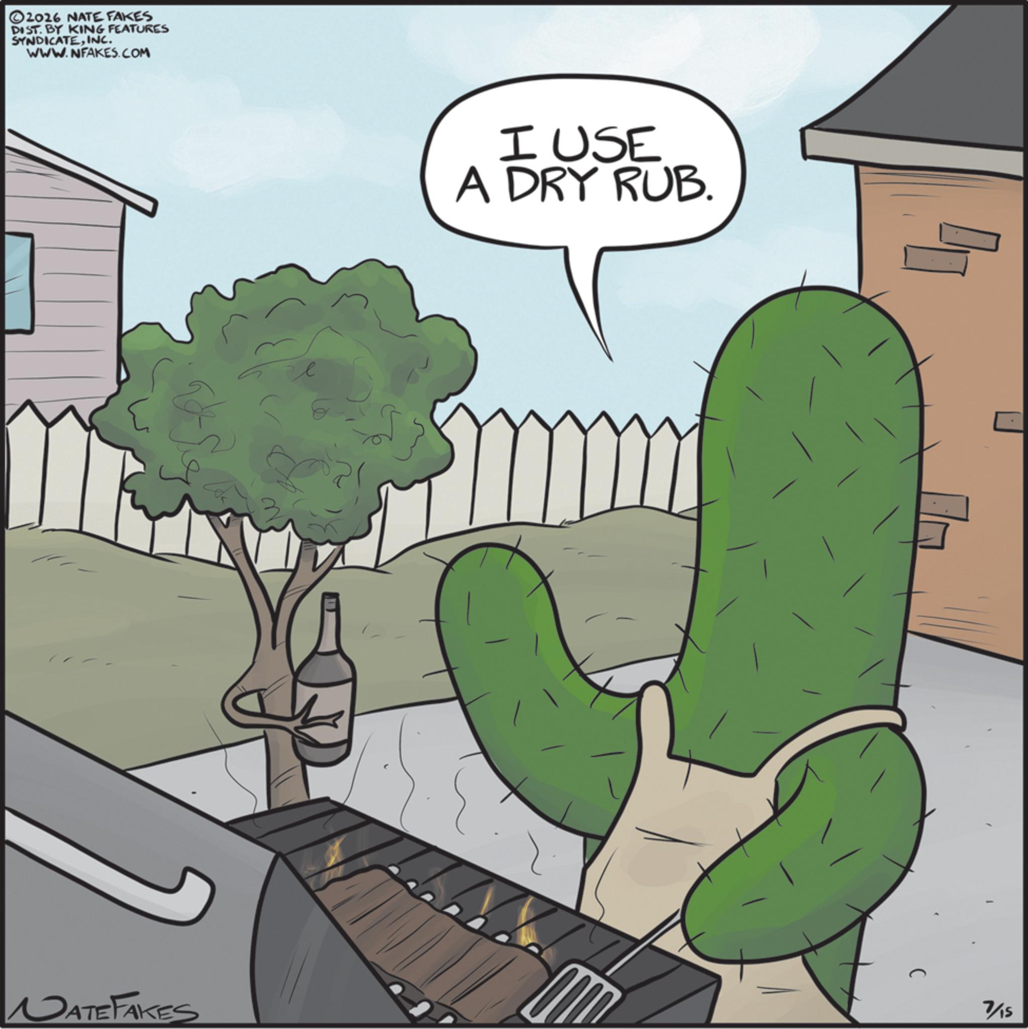 Animated cartoon OCR: ©2016 NATE FAKES DIST. BY KING FEATURES SYNDICATEINC. WWW.NFAKES.COM NATEFAKES I USE A DRY RUB. 7/15 © 2016 NATE FAKES DIST . BY KING FEATURES SYNDICATEINC . WWW.NFAKES.COM NATEFAKES I USE A DRY RUB . 7/15