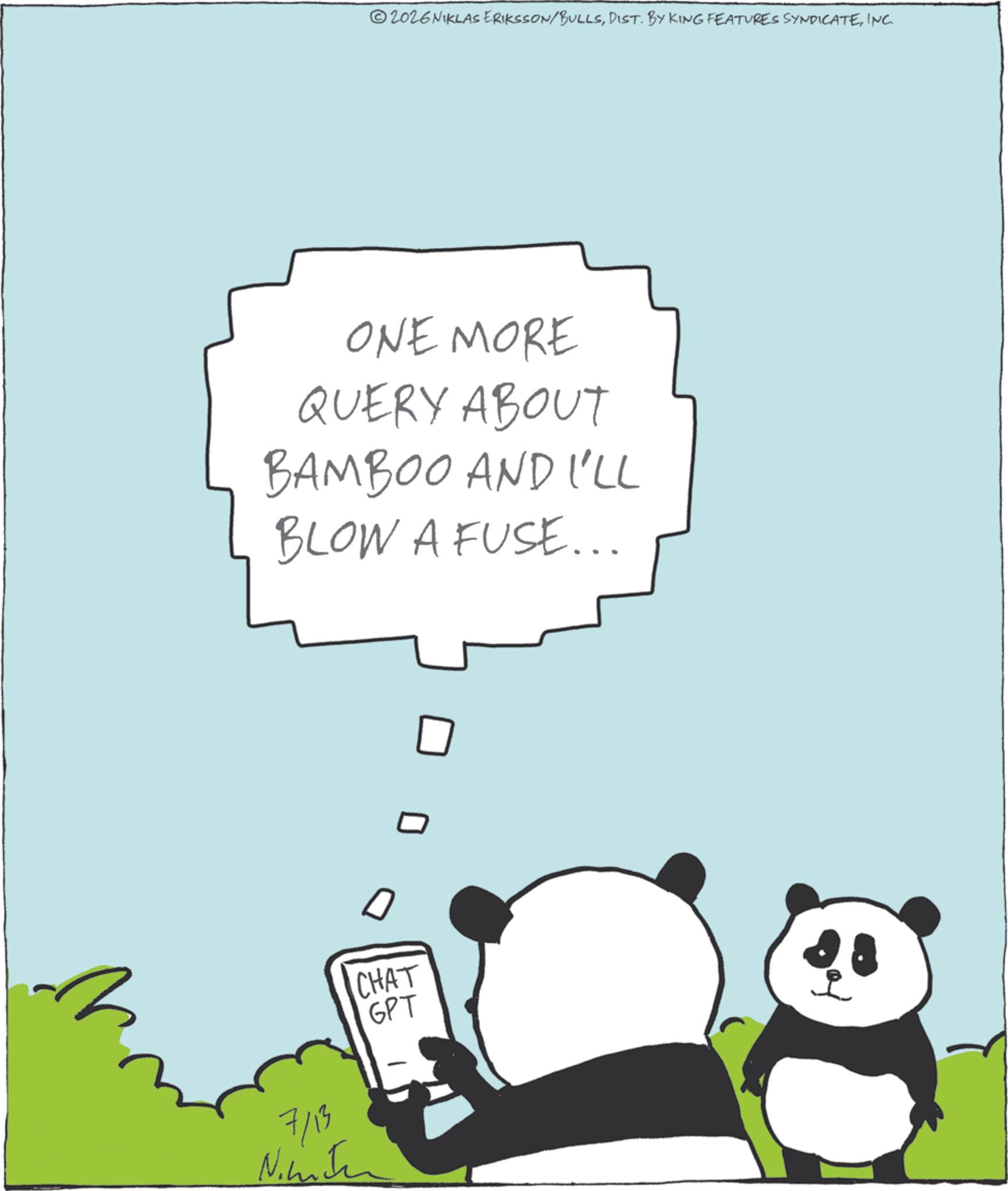 Fiction OCR: ©2026 NIKLAS ERIKSSON/BULLSINC. ONE MORE QUERY ABOUT BAMBOO AND I'LL BLOW A FUSE... D CHAT GPT 7/13 Nimen © 2026 NIKLAS ERIKSSON / BULLSDIST . BY KING FEATURES SYNDICATEINC . ONE MORE QUERY ABOUT BAMBOO AND I'LL BLOW A FUSE ... D CHAT GPT 7/13 Nimen