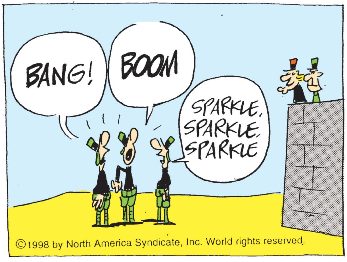 Animated cartoon OCR: BANG! BOOM SPARKLE 1 SPARKLESPARKLE ©1998 by North America SyndicateInc. World rights reserved. BANG ! BOOM SPARKLE 1 SPARKLESPARKLE © 1998 by North America SyndicateInc. World rights reserved .