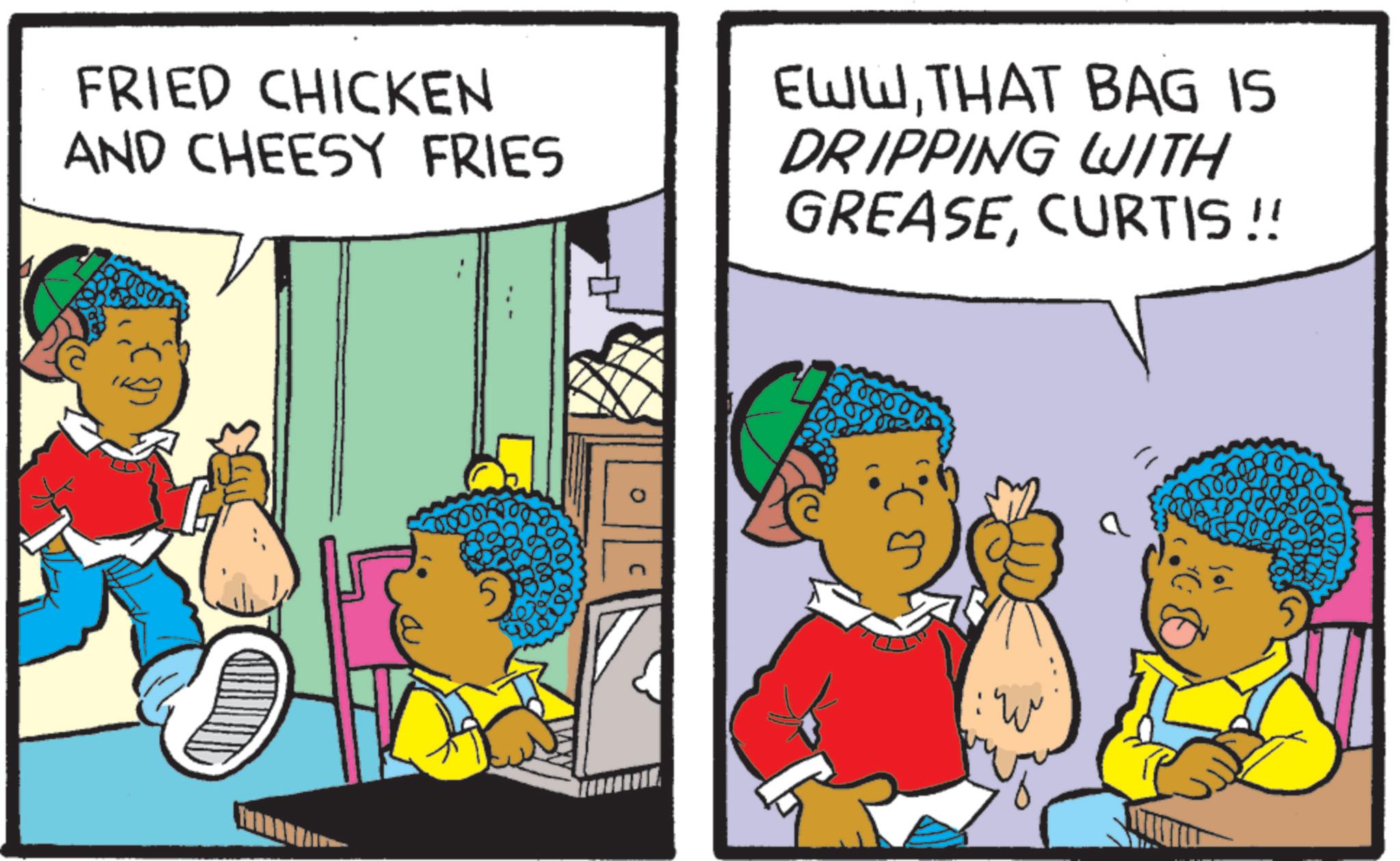 Pleased OCR: ???? FRIED CHICKEN AND CHEESY FRIES C 0 EWWTHAT BAG IS DRIPPING WITH GREASECURTIS !! ???? FRIED CHICKEN AND CHEESY FRIES C 0 EWWTHAT BAG IS DRIPPING WITH GREASECURTIS !!