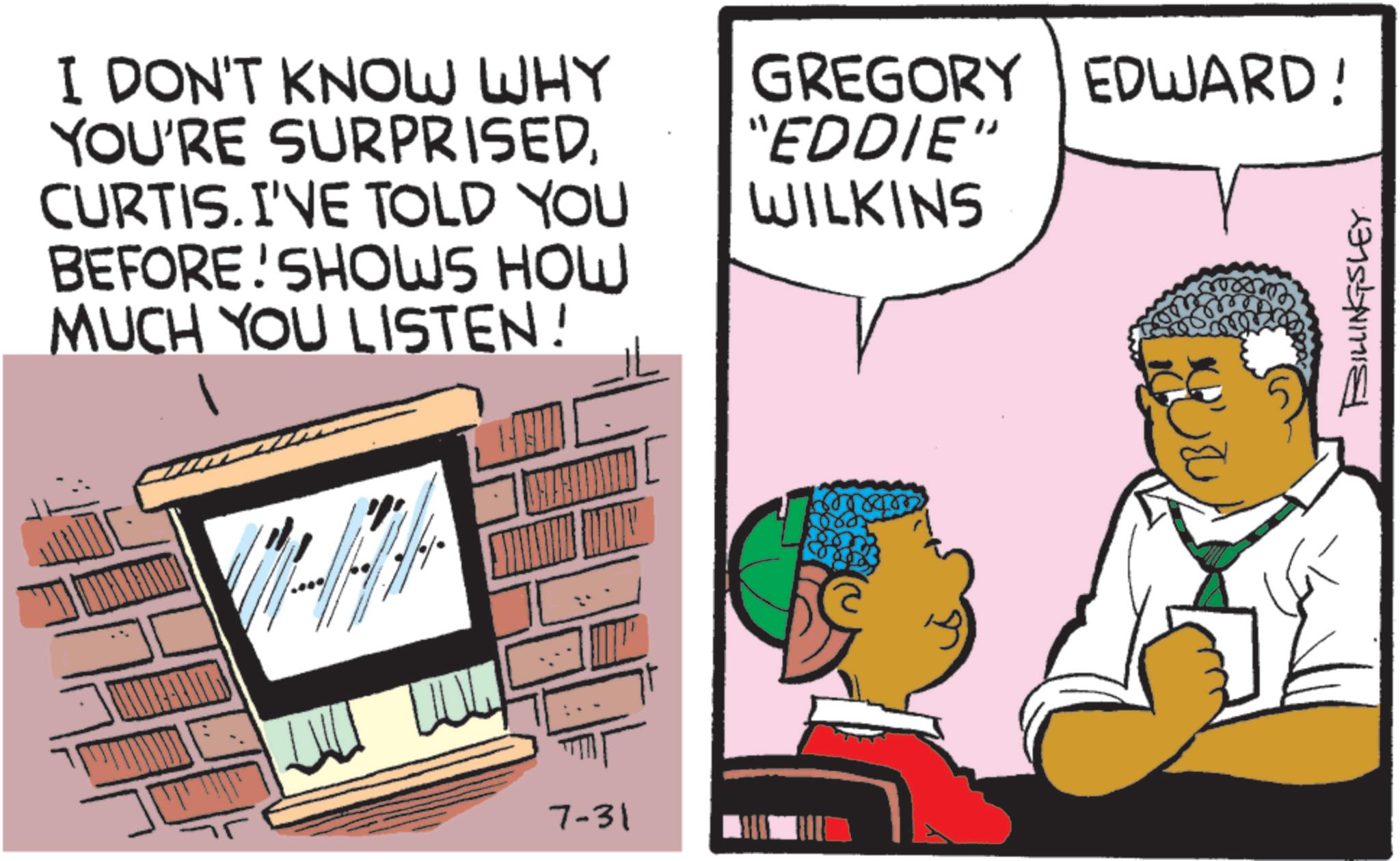 Animated cartoon OCR: I DON'T KNOW WHY YOU'RE SURPRISEDCURTIS. I'VE TOLD YOU BEFORE SHOWS HOW MUCH YOU LISTEN! GREGORY EDWARD! "EDDIE" WILKINS 7-31 BILLINGSLEY I DON'T KNOW WHY YOU'RE SURPRISEDCURTIS . I'VE TOLD YOU BEFORE SHOWS HOW MUCH YOU LISTEN ! GREGORY EDWARD ! " EDDIE " WILKINS 7-31 BILLINGSLEY