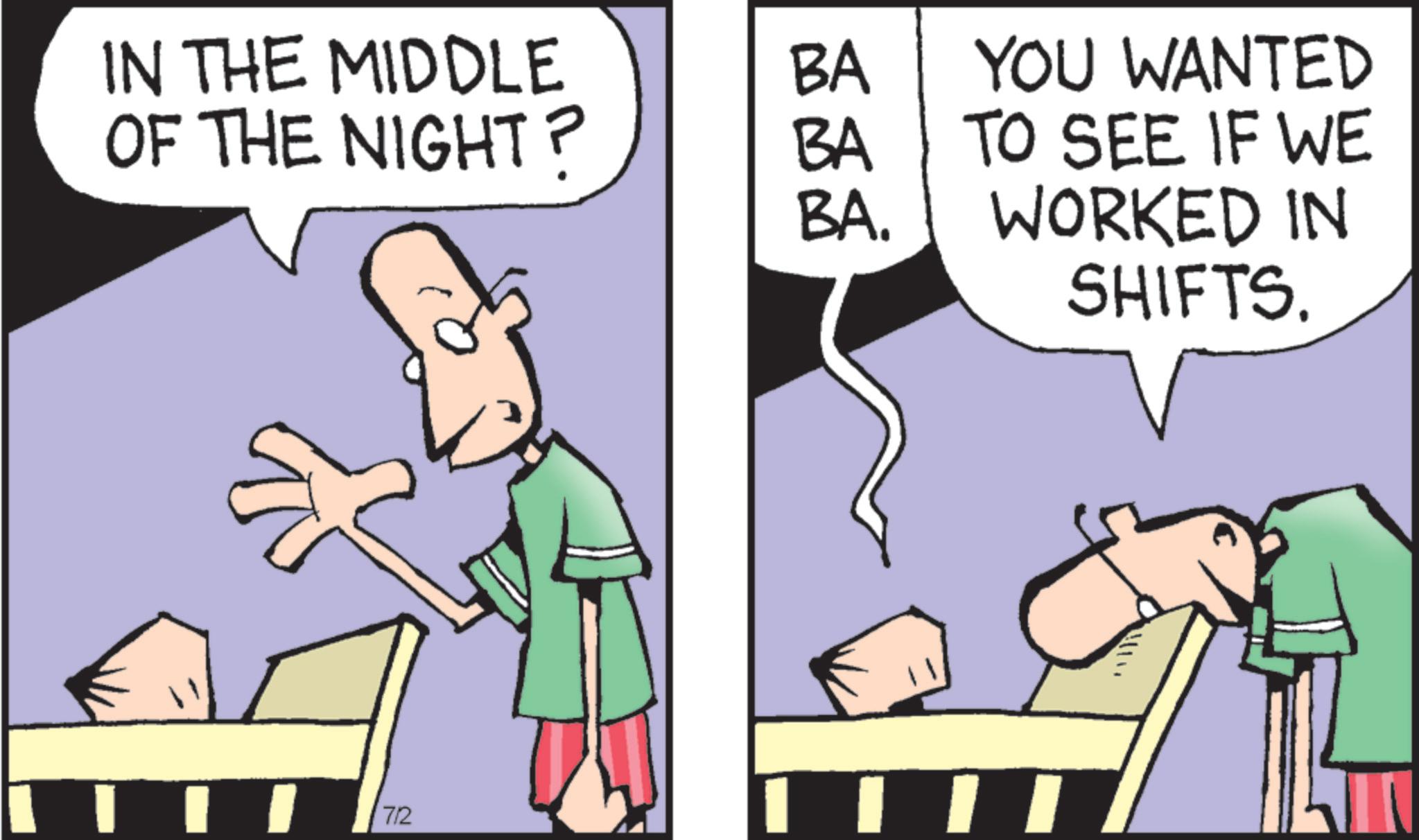 Animated cartoon OCR: IN THE MIDDLE BA OF THE NIGHT? BA BA. 7/2 YOU WANTED TO SEE IF WE WORKED IN SHIFTS. IN THE MIDDLE BA OF THE NIGHT ? BA BA . 7/2 YOU WANTED TO SEE IF WE WORKED IN SHIFTS .