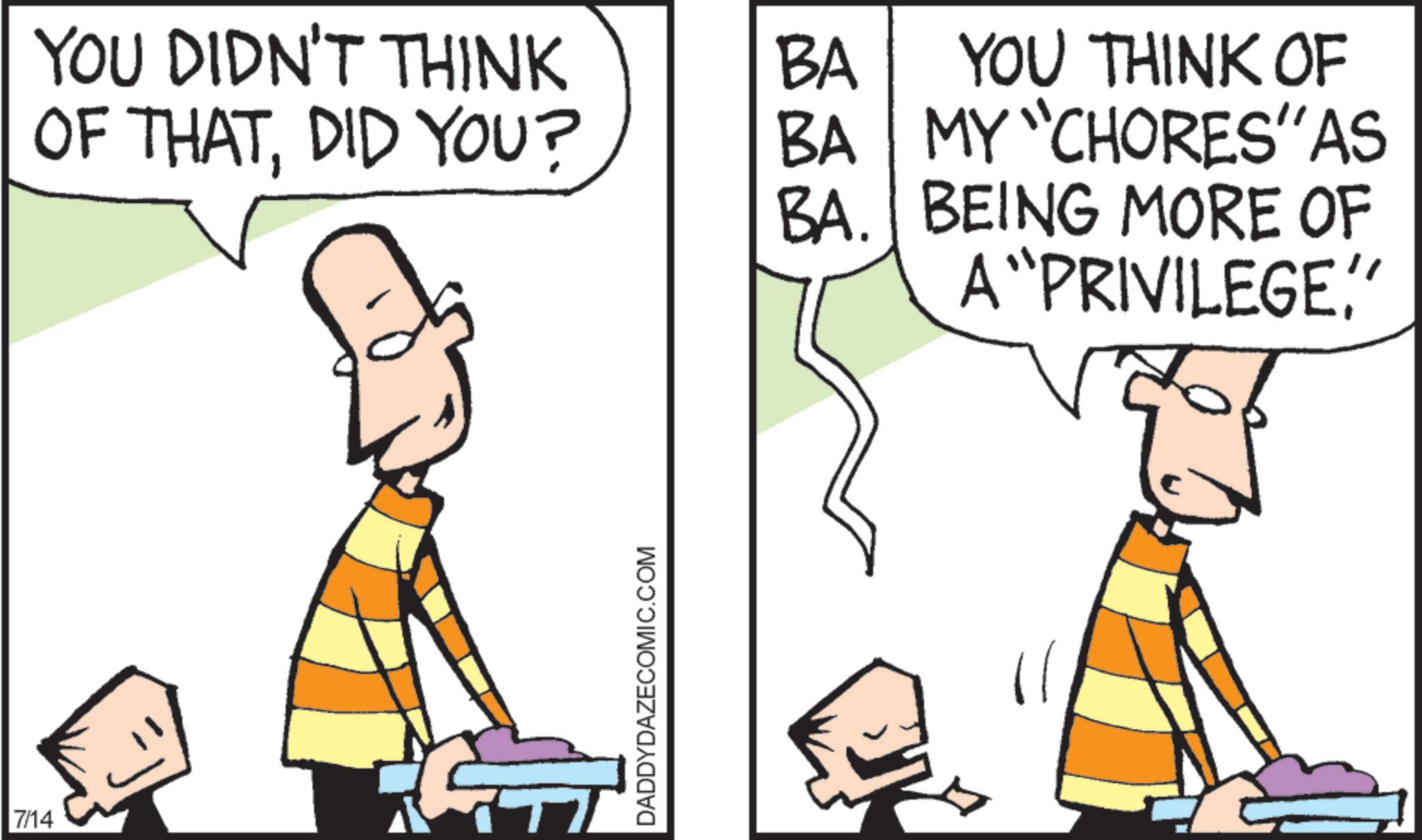 Animation OCR: 7/14 YOU DIDN'T THINK BA YOU THINK OF OF THATDID YOU? BA MY "CHORES" AS BA. BEING MORE OF A "PRIVILEGE" DADDYDAZECOMIC.COM 7/14 YOU DIDN'T THINK BA YOU THINK OF OF THATDID YOU ? BA MY " CHORES " AS BA . BEING MORE OF A " PRIVILEGE " DADDYDAZECOMIC.COM
