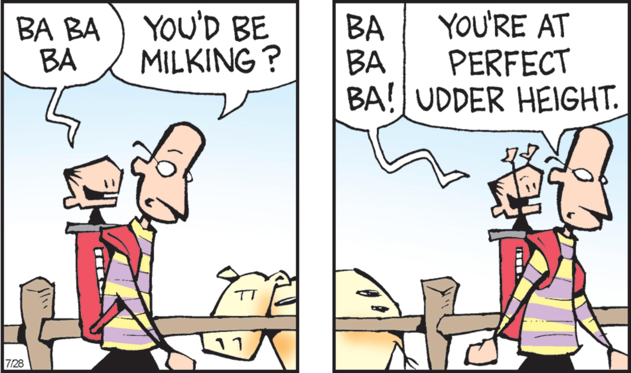 Comic book OCR: 7/28 BA BA YOU'D BE BA YOU'RE AT BA MILKING? BA PERFECT ?? TT BA! UDDER HEIGHT. 7/28 BA BA YOU'D BE BA YOU'RE AT BA MILKING ? BA PERFECT ?? TT BA ! UDDER HEIGHT .