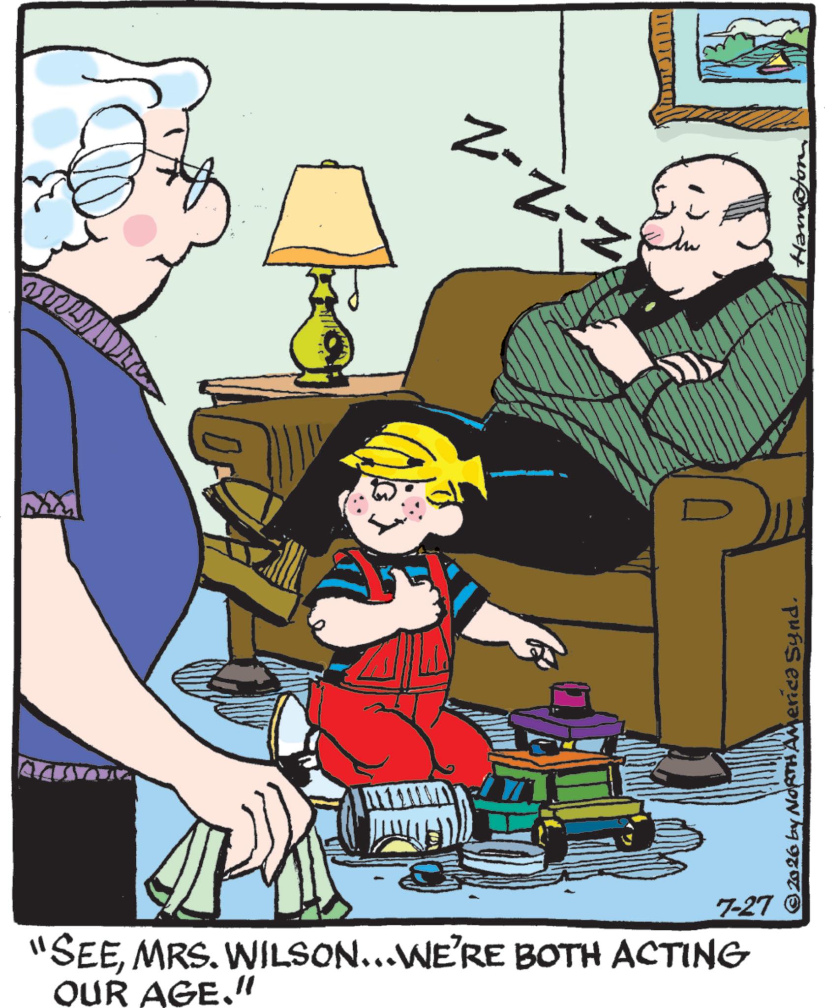 Photo caption OCR: wwwwwww ? ZATE z-z-z © 2026 by NORTH Americ? Synd. Ham@for 7-27 "SEEMRS. WILSON... WE'RE BOTH ACTING OUR AGE." wwwwwww ? ZATE z - z - z © 2026 by NORTH Americ? Synd . Ham @ for 7-27 " SEEMRS . WILSON ... WE'RE BOTH ACTING OUR AGE . "