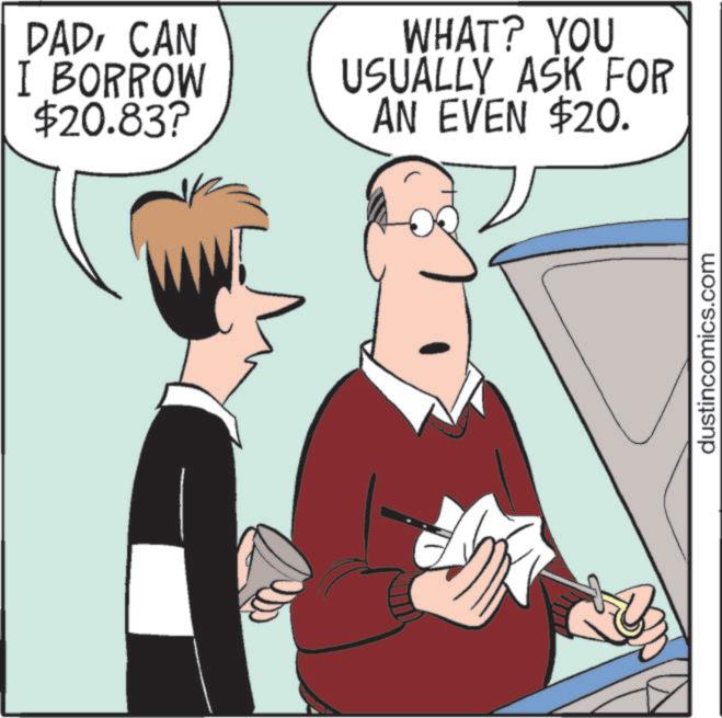 Animated cartoon OCR: DADCAN I BORROW $20.83? WHAT? YOU USUALLY ASK FOR AN EVEN $20. dustincomics.com DADCAN I BORROW $ 20.83 ? WHAT ? YOU USUALLY ASK FOR AN EVEN $ 20 . dustincomics.com