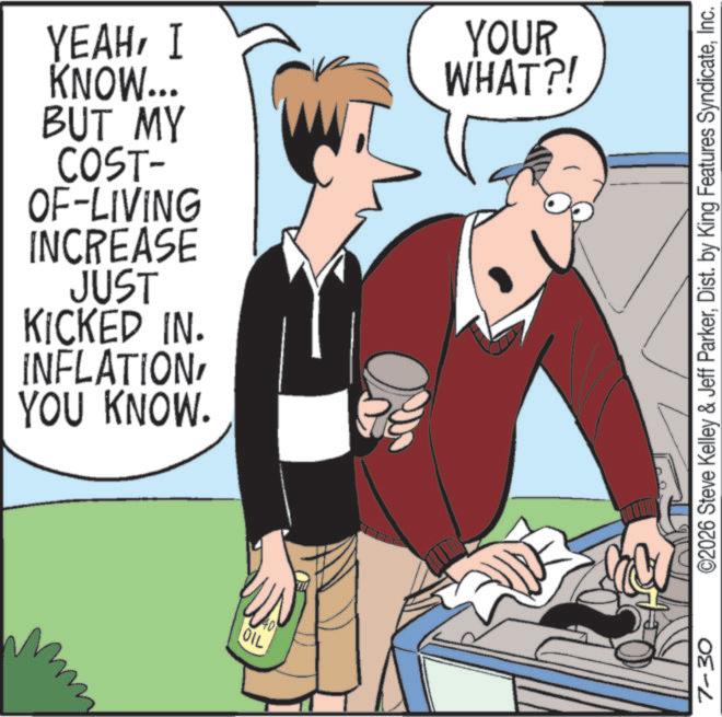 Photo caption OCR: YEAHI KNOW... BUT MY COST- OF-LIVING INCREASE JUST KICKED IN. INFLATIONYOU KNOW. OIL 7-30 YOUR WHAT?! ©2026 Steve Kelley & Jeff ParkerInc. YEAHI KNOW ... BUT MY COST- OF - LIVING INCREASE JUST KICKED IN . INFLATIONYOU KNOW . OIL 7-30 YOUR WHAT ?! © 2026 Steve Kelley & Jeff ParkerDist . by King Features Syndicate