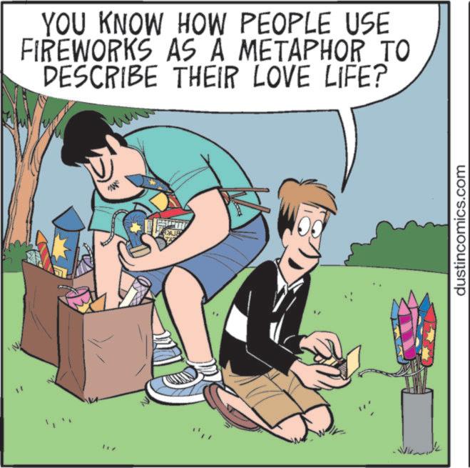 Comic book OCR: YOU KNOW HOW PEOPLE USE FIREWORKS AS A METAPHOR TO DESCRIBE THEIR LOVE LIFE? www Mi DAIS dustincomics.com YOU KNOW HOW PEOPLE USE FIREWORKS AS A METAPHOR TO DESCRIBE THEIR LOVE LIFE ? www Mi DAIS dustincomics.com